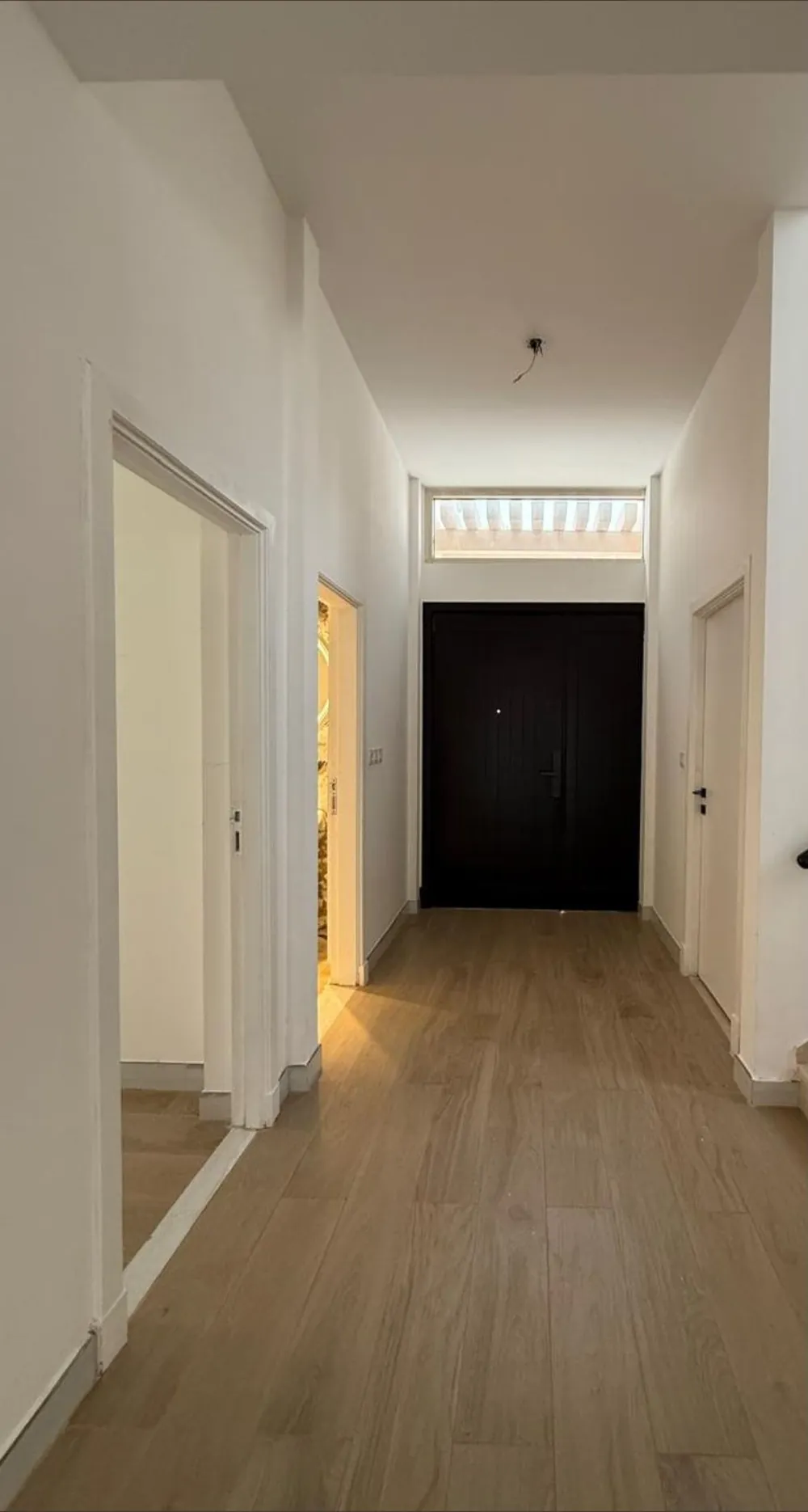 Before: entrance corridor with white walls and a black front door