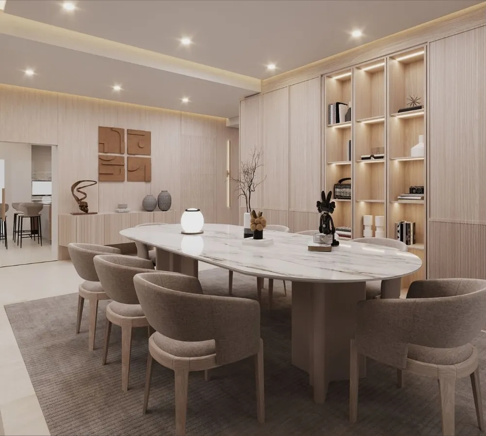3D render: dining room with oak wall panels, lit display shelving and relief wall art