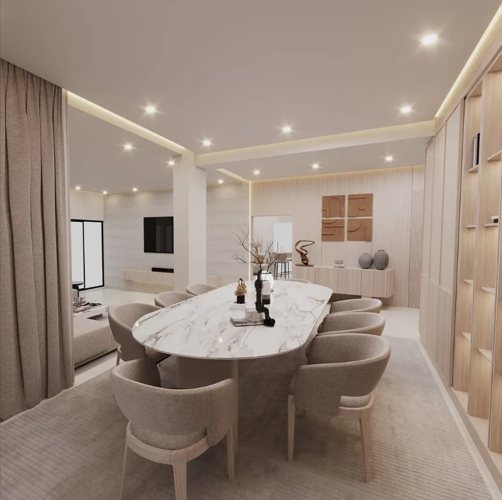 3D render: dining room with an oval marble-top table, upholstered chairs and a view into the living room