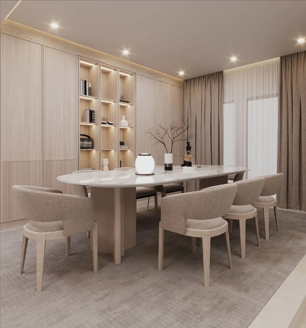 3D render: oval dining table for ten with full-height oak cabinetry and linen curtains