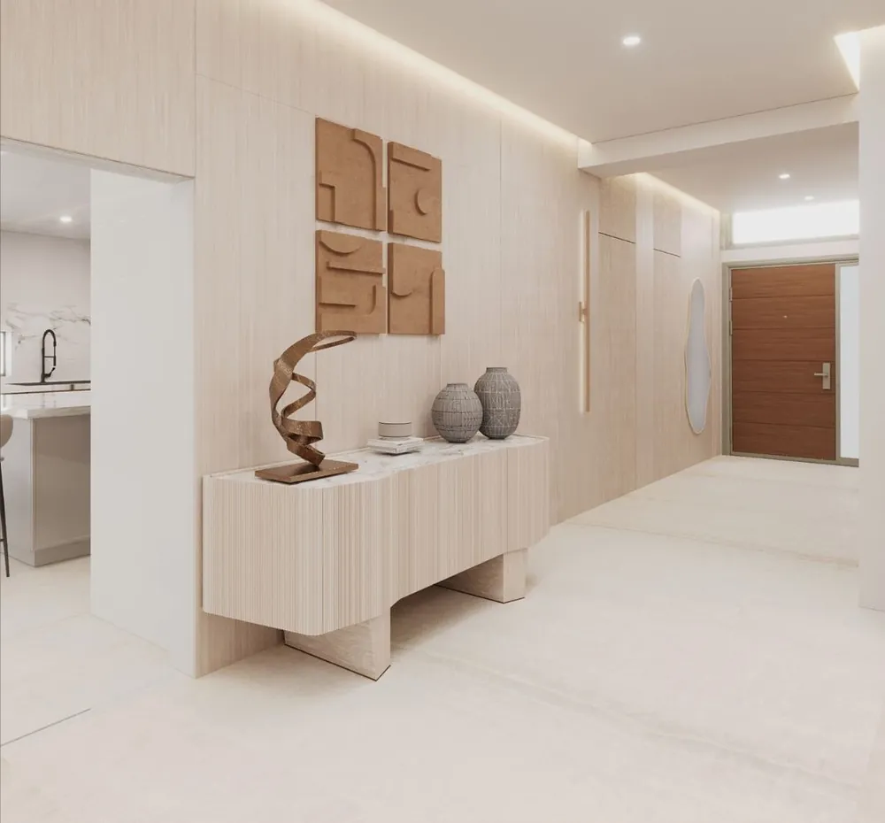 3D render: entrance with an oak console, sculpture, stoneware vases and relief wall art