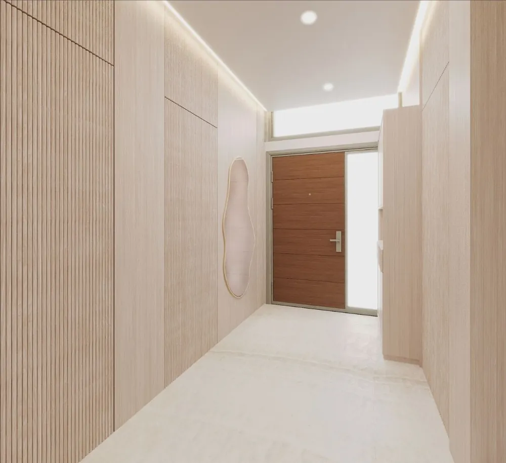 3D render: entrance corridor with fluted oak panels, organic mirror and timber front door