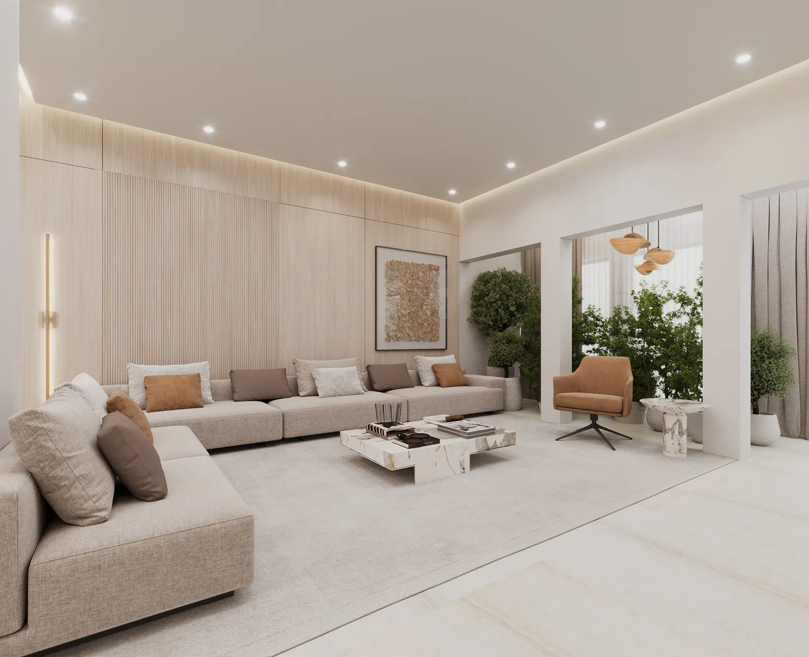 3D render: redesigned family room of the Arabian Ranches villa with fluted oak panels and a linen sofa