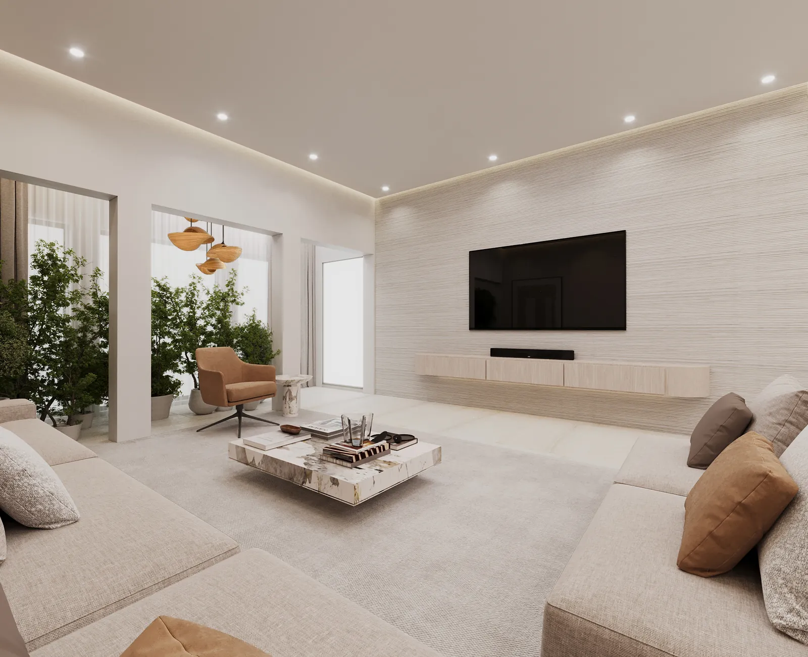3D render: family room TV wall in textured wallcovering with a floating oak console