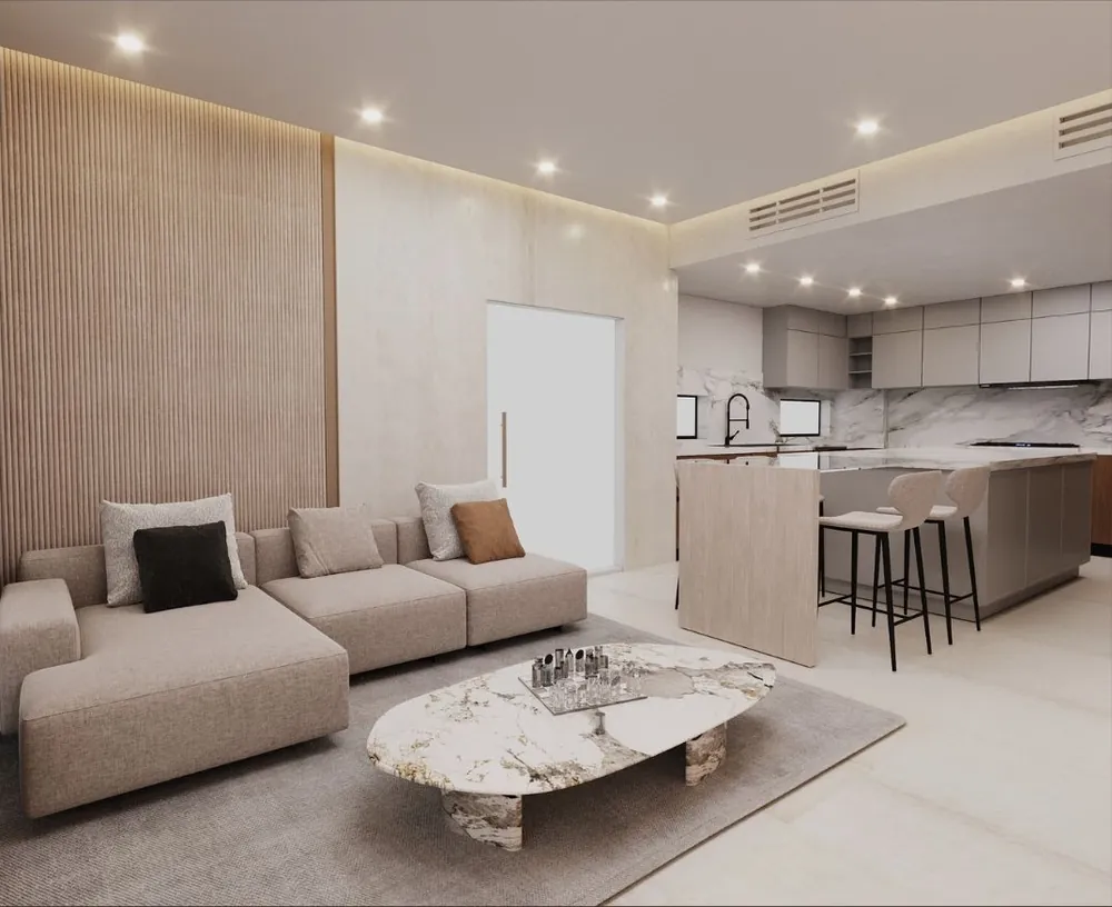 3D render: linen sofa, oval stone coffee table and kitchen island in the redesigned living room