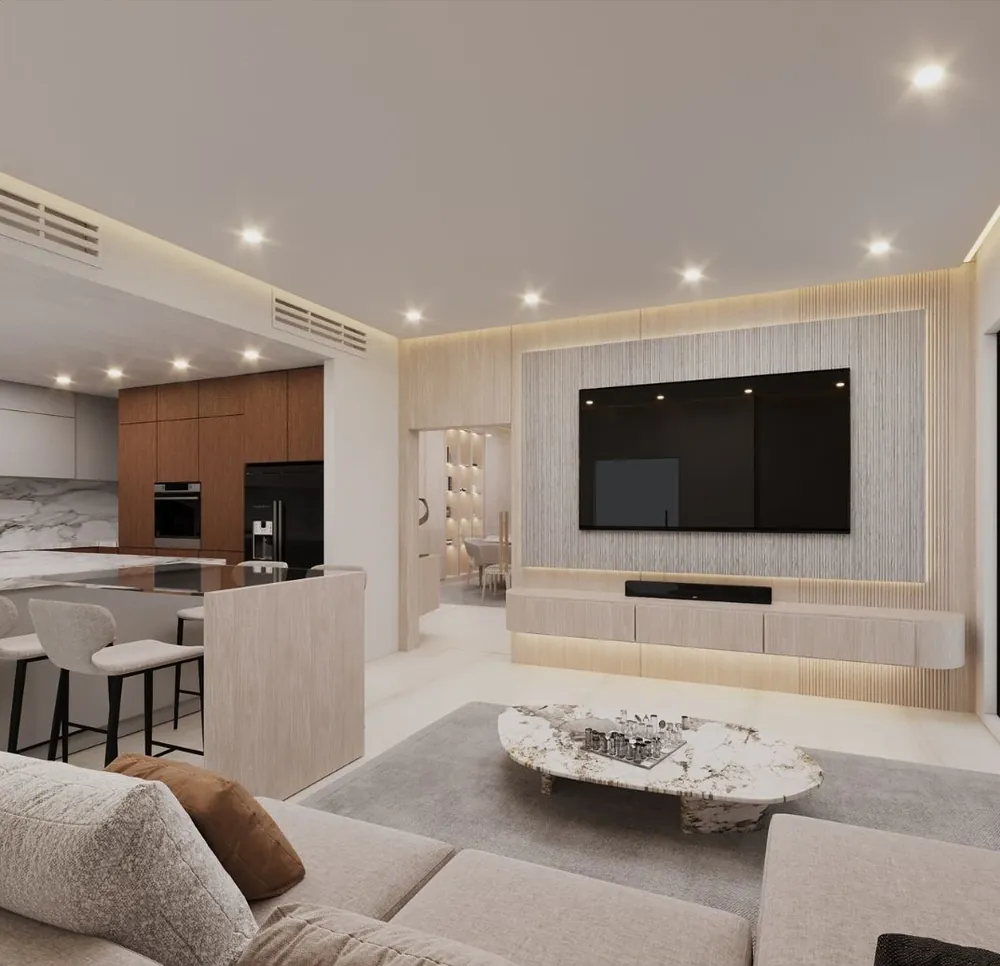 3D render: living room with a textured TV wall, floating oak console and open kitchen with bar stools