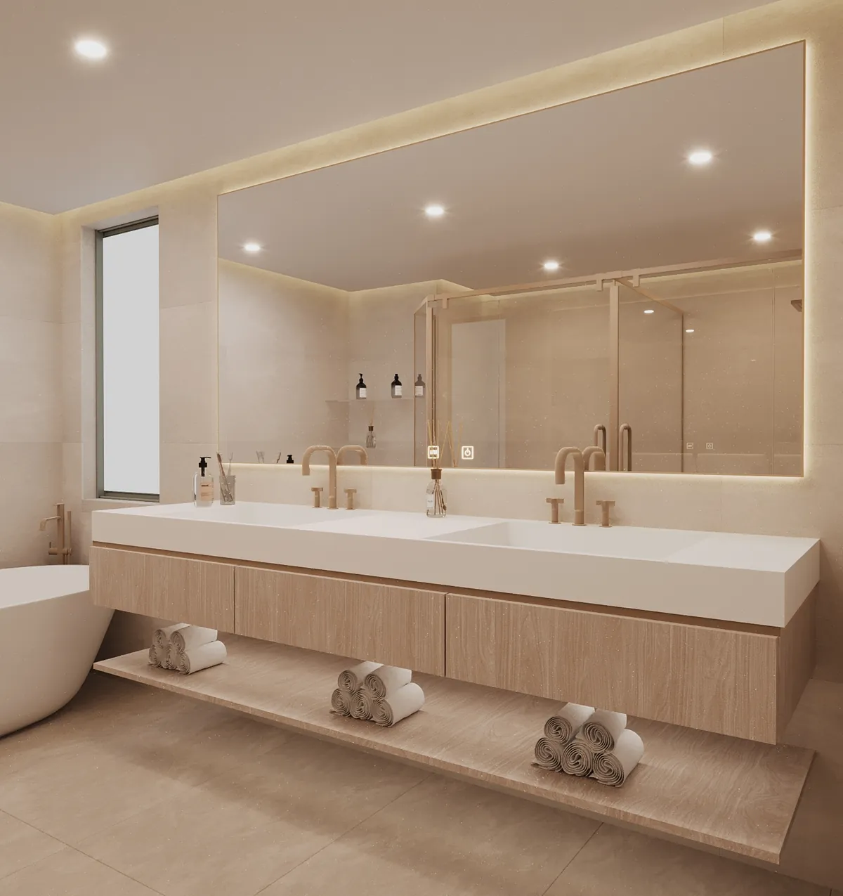 3D render: master bathroom with a double vanity on oak drawers, backlit mirror and brushed-gold taps