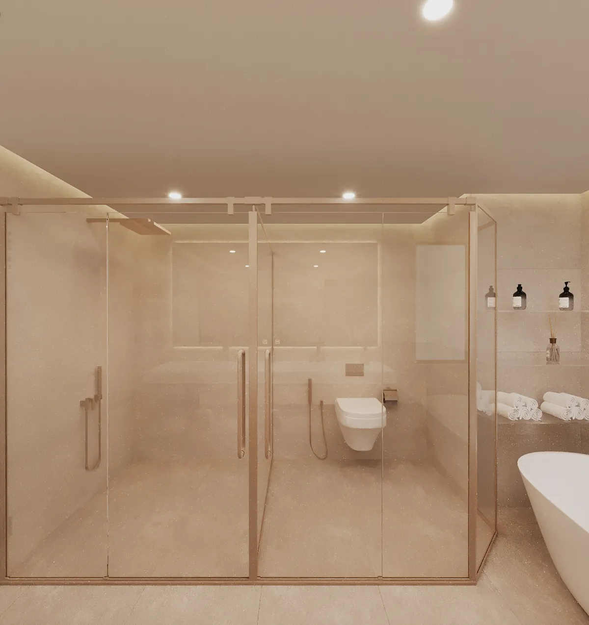 3D render: glass shower and WC enclosure with gold frames next to a freestanding bath
