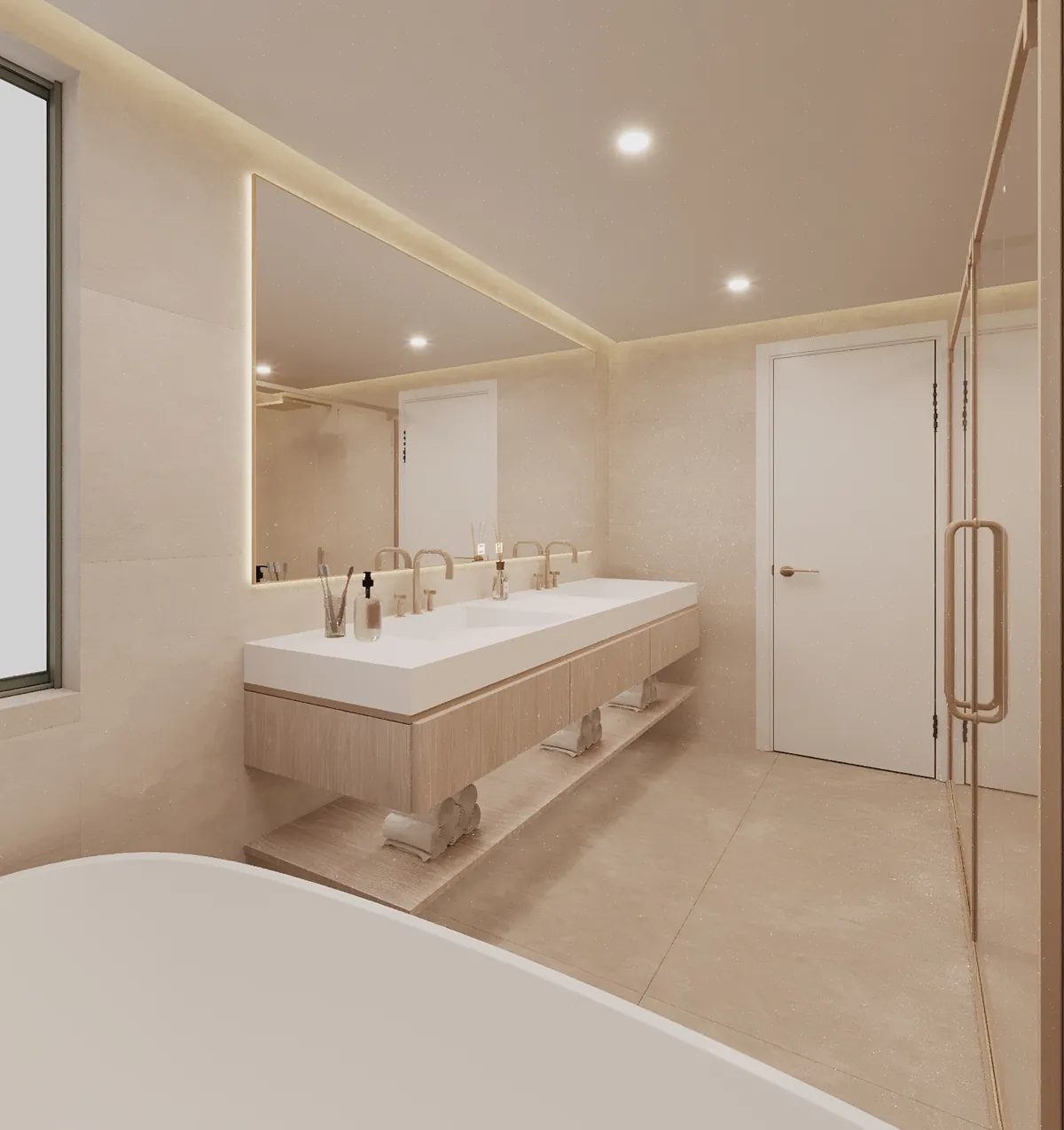 3D render: master bathroom seen from the freestanding bath towards the vanity and glass shower