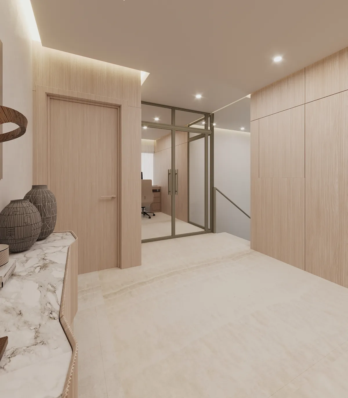 3D render: upstairs landing with oak panelling, cream stone floor and a glass-walled study