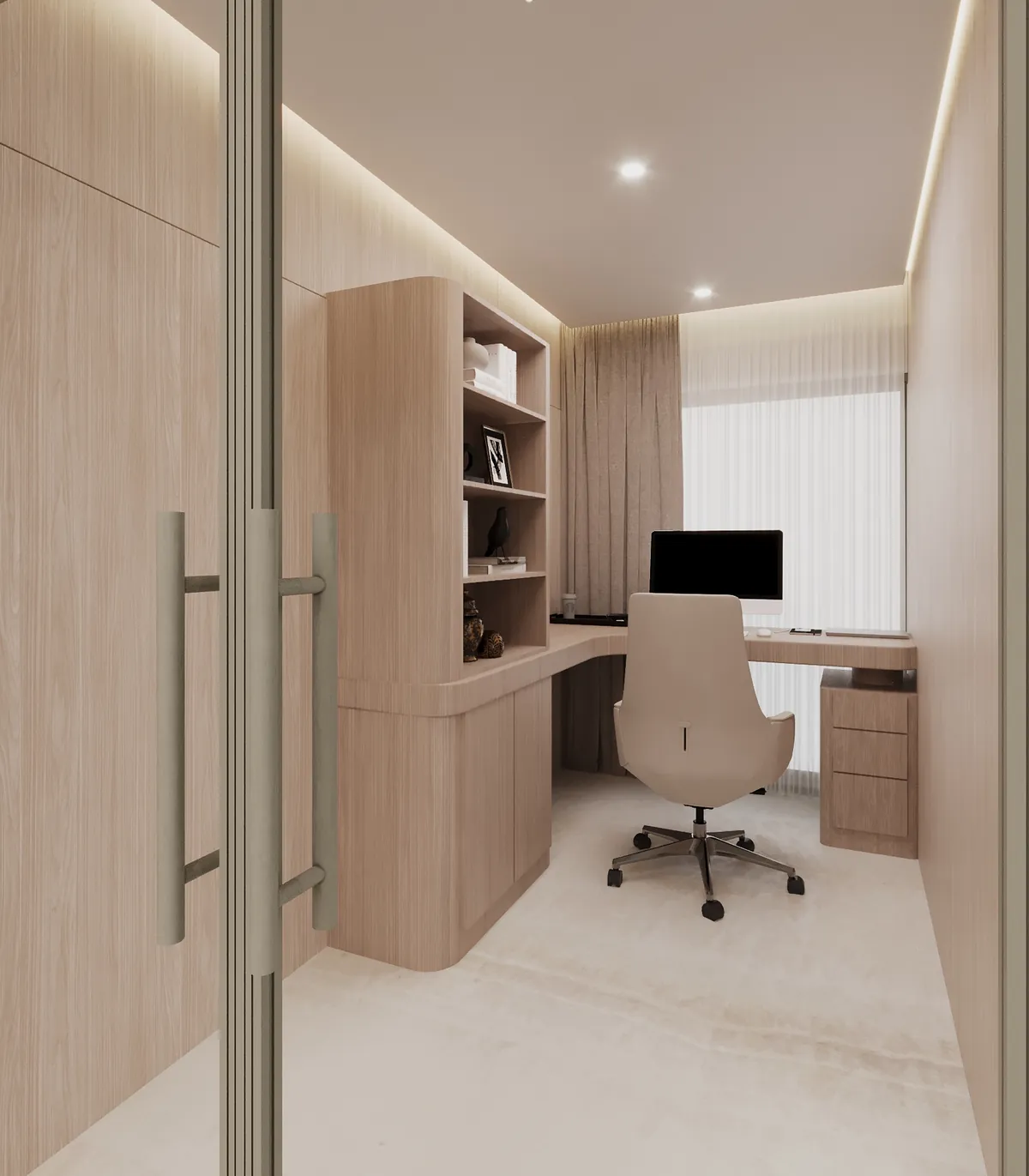 3D render: home study with built-in oak desk, shelving and leather office chair