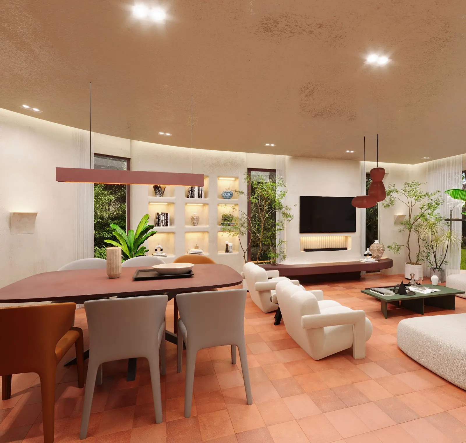 3D render: open-plan dining and living room with lit plaster niches, TV wall and boucle armchairs