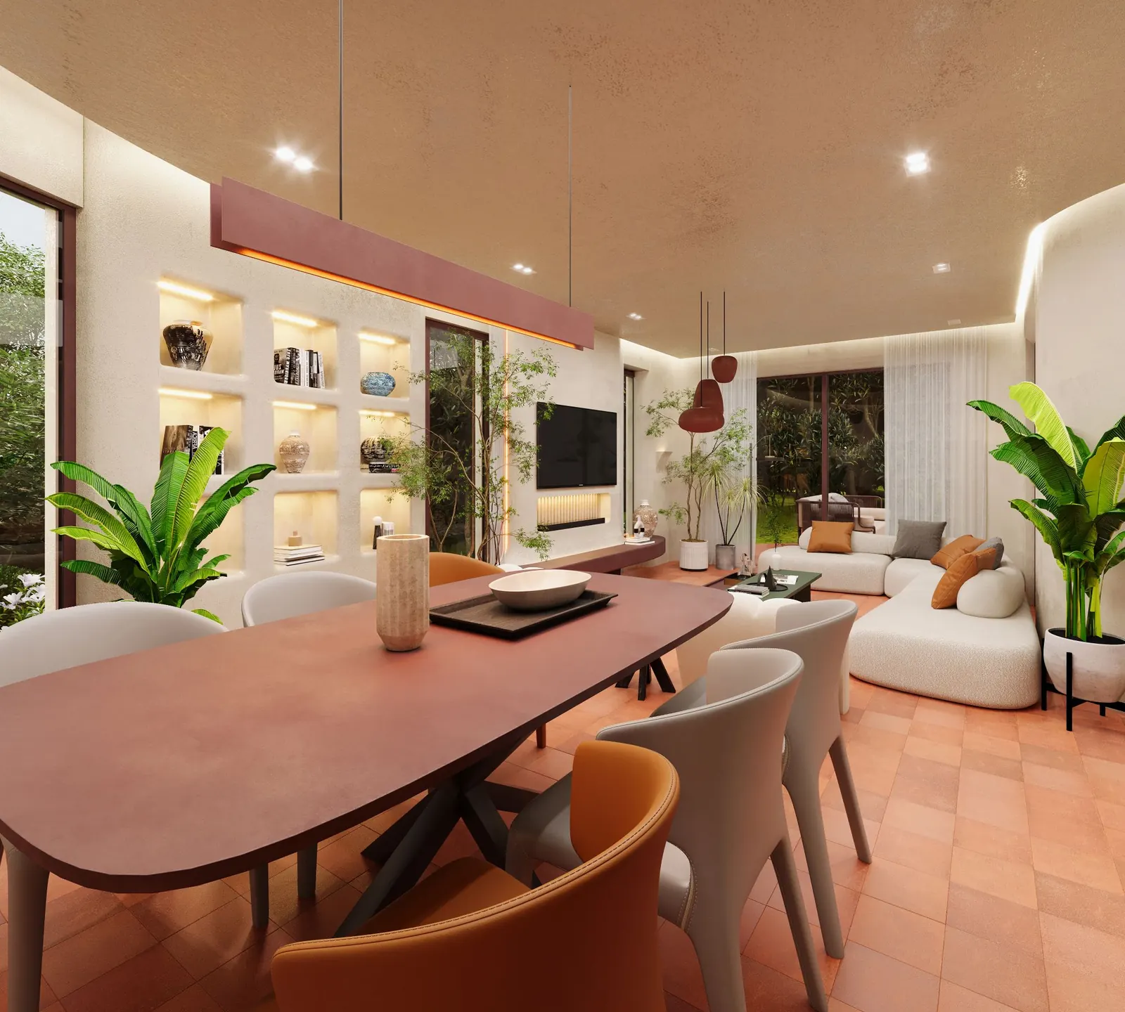 3D render: oxblood dining table under a linear pendant, a grid of lit plaster niches and a view into the living room