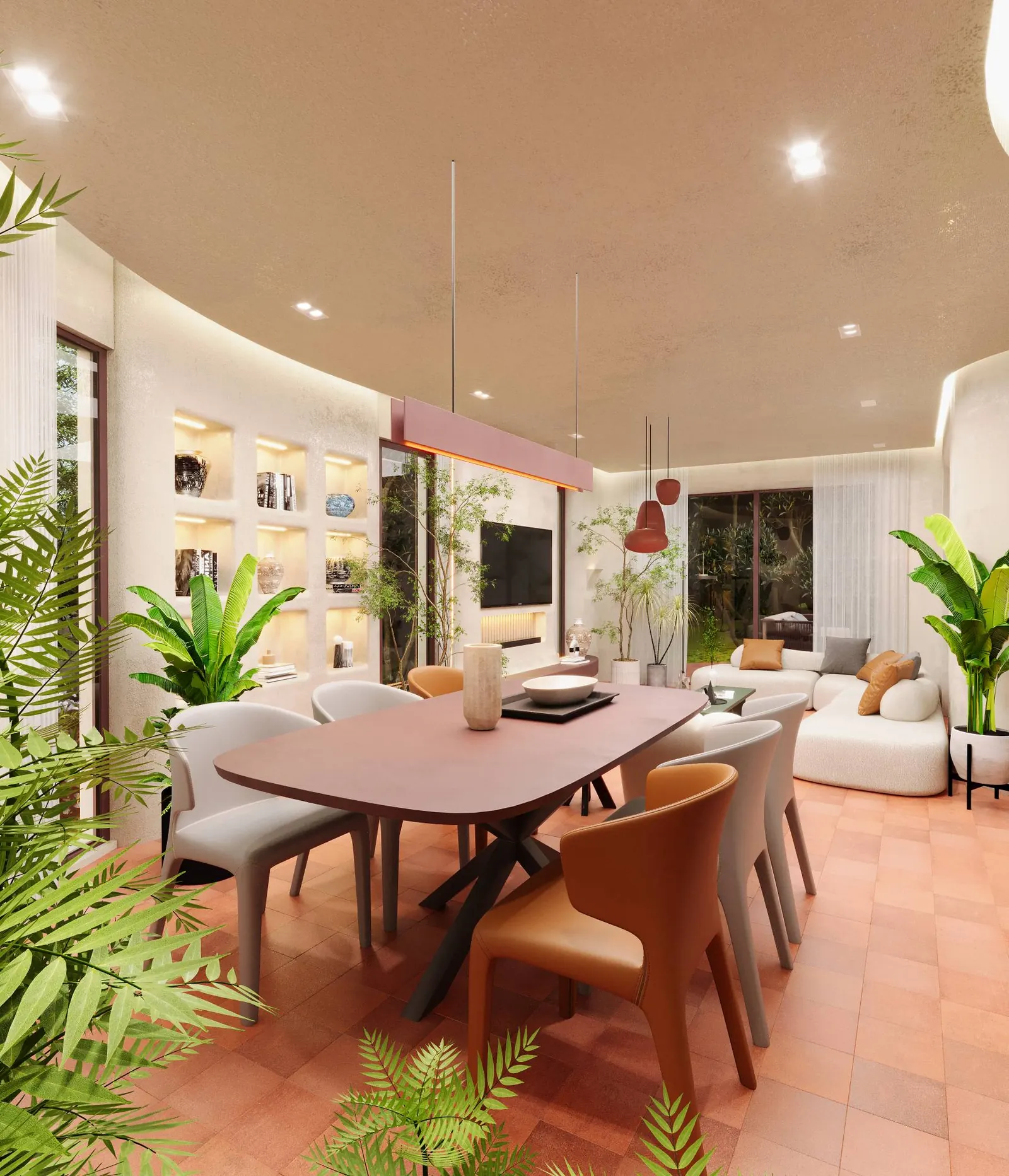 3D render: dining area with a rounded oxblood table, leather dining chairs, linear pendant and lit wall niches