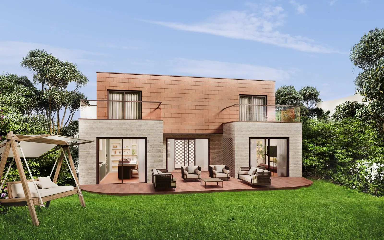 3D render: garden facade of the Terracotta Garden House in Belgium, light brick and terracotta tiles
