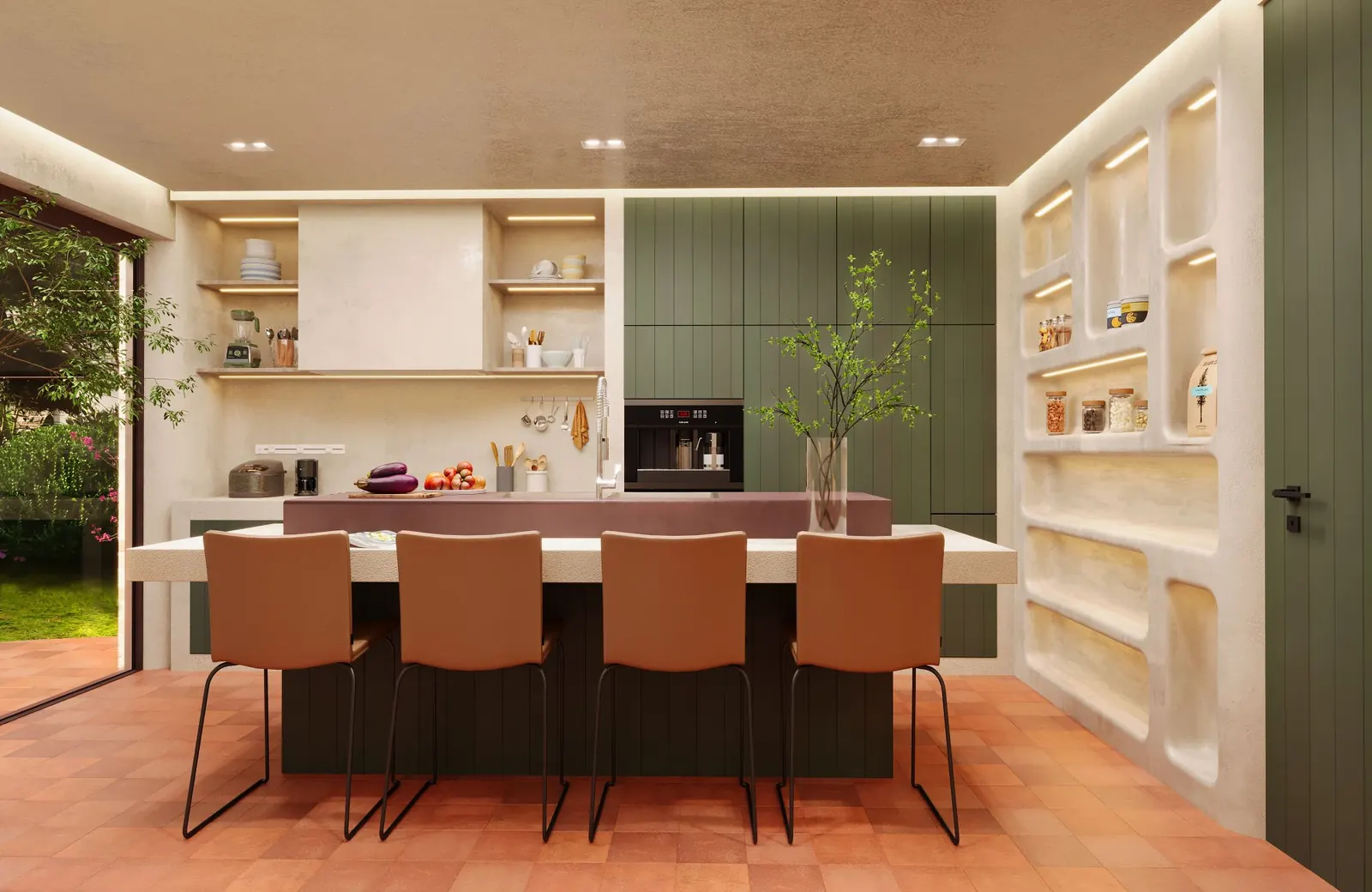 3D render: front view of the kitchen island with four leather bar stools and lit plaster pantry niches