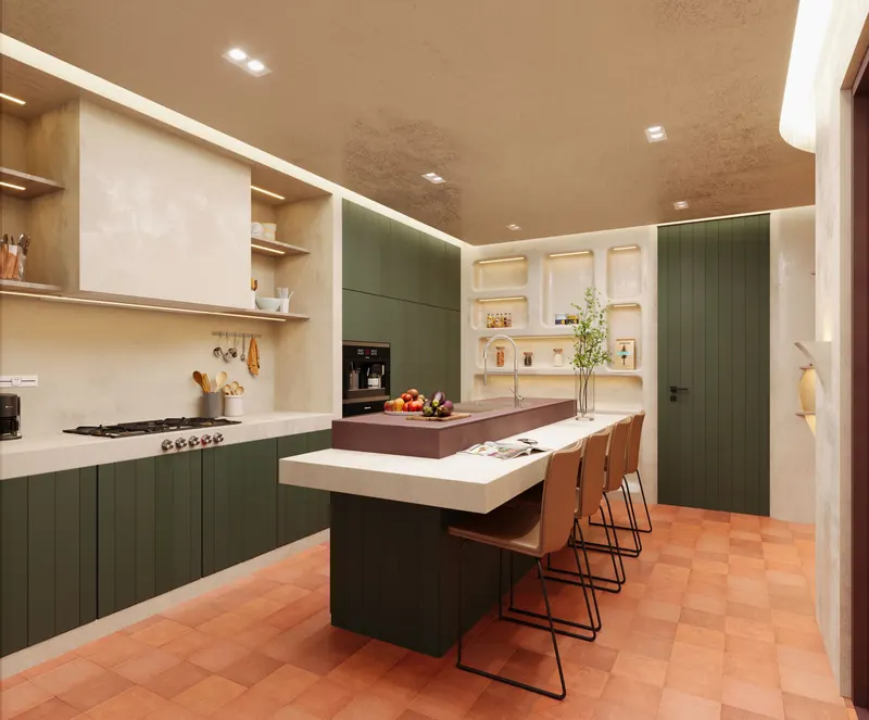 3D render: kitchen with sage-green cabinets, a plaster range hood and an oxblood island