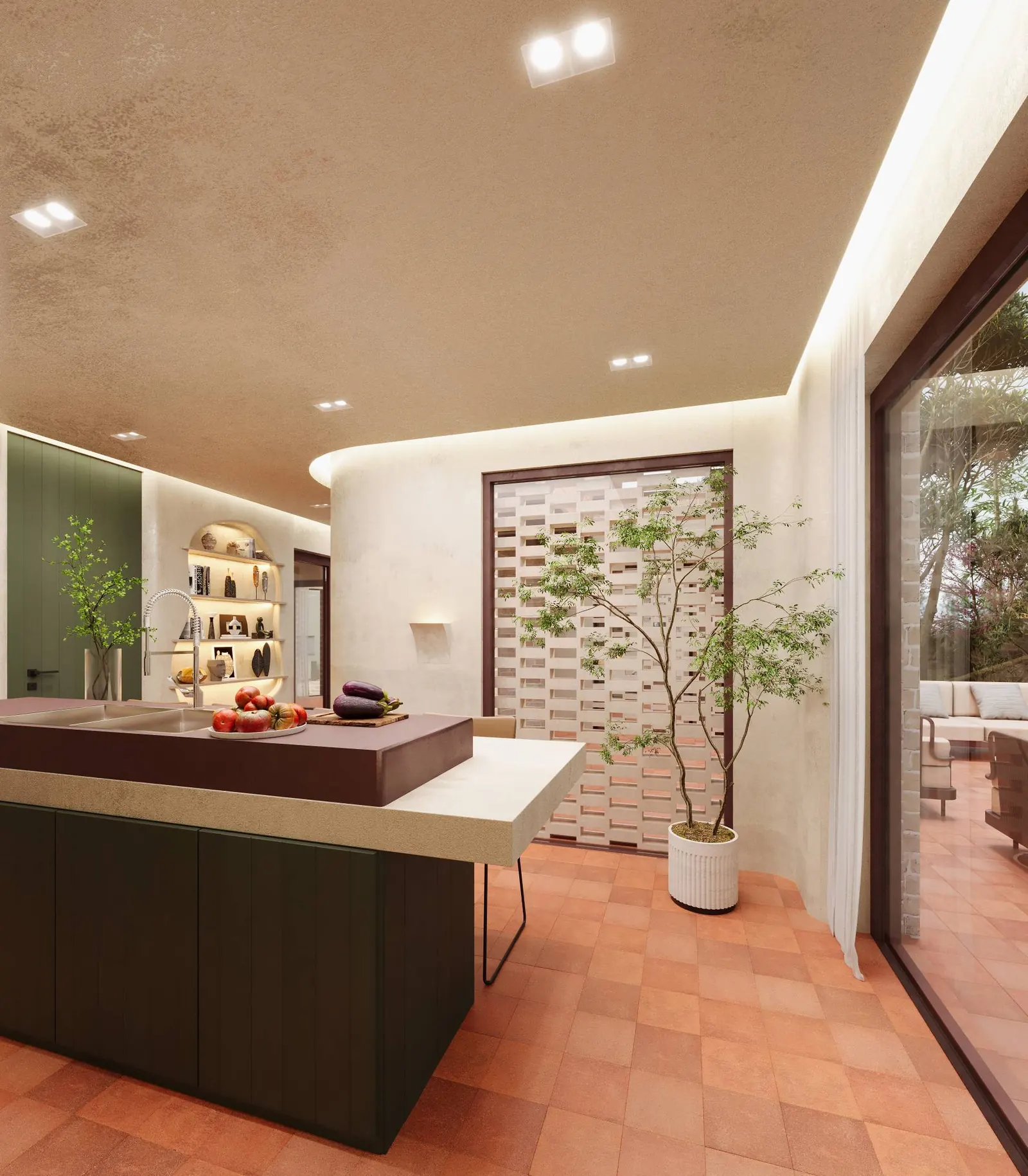 3D render: kitchen island facing a brick breeze-block window, potted tree and sliding door to the garden