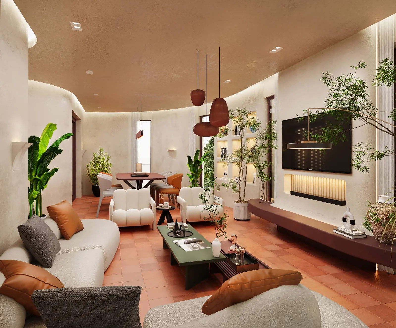 3D render: open living and dining space with curved plaster walls, lit ceiling cove, indoor trees and terracotta floor