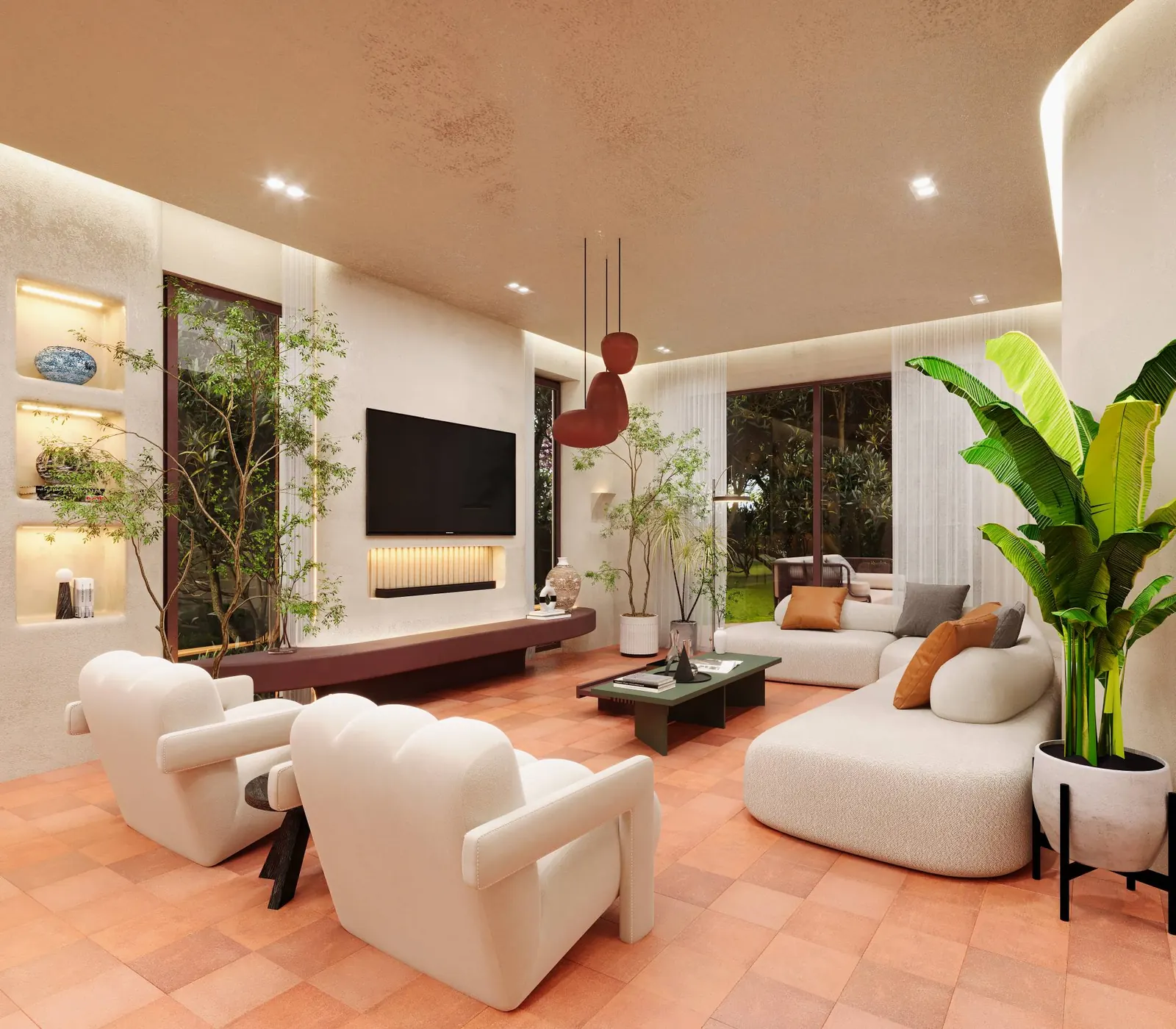 3D render: living room in Belgium with boucle armchairs, curved sofa, floating oxblood console and terracotta pendant lights