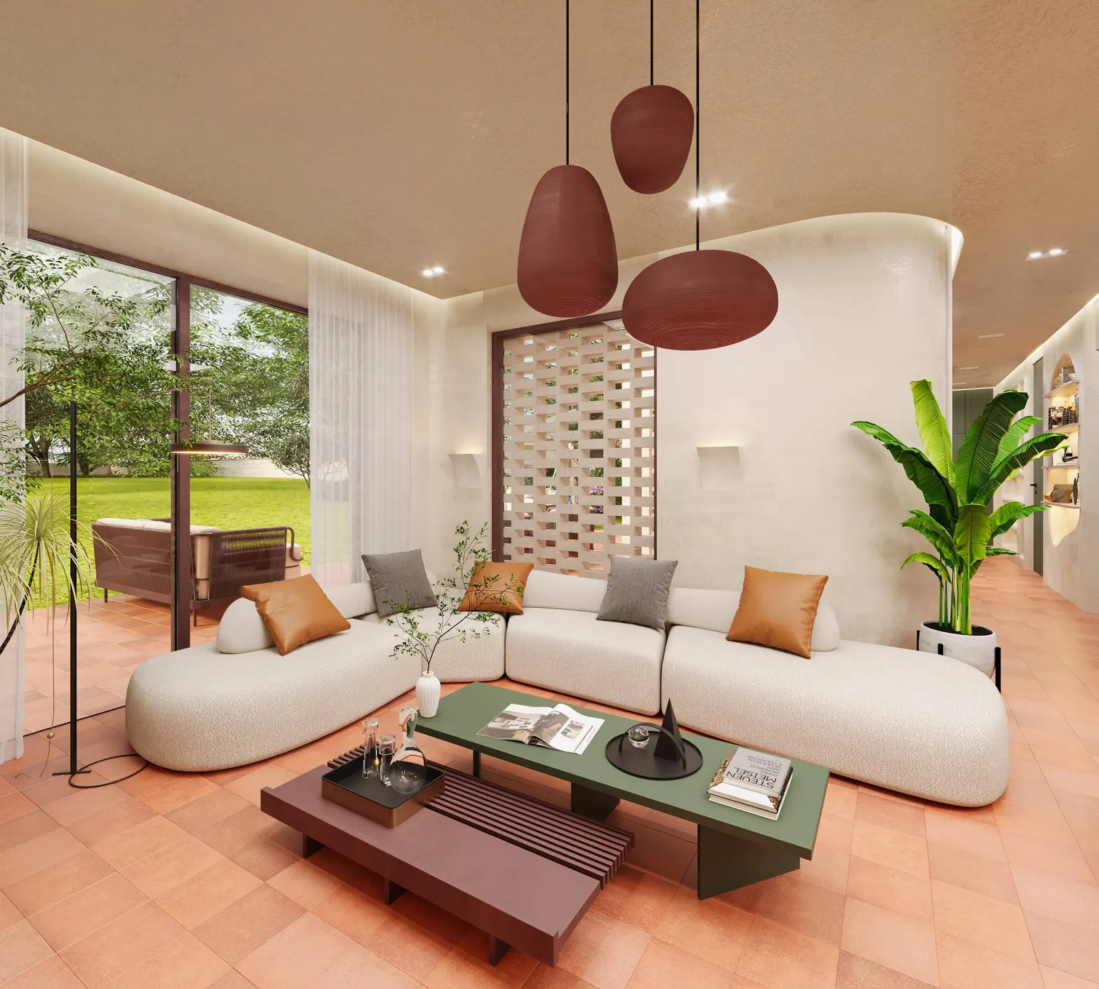 3D render: lounge with a boucle corner sofa, brick breeze-block screen and garden view through a glass door