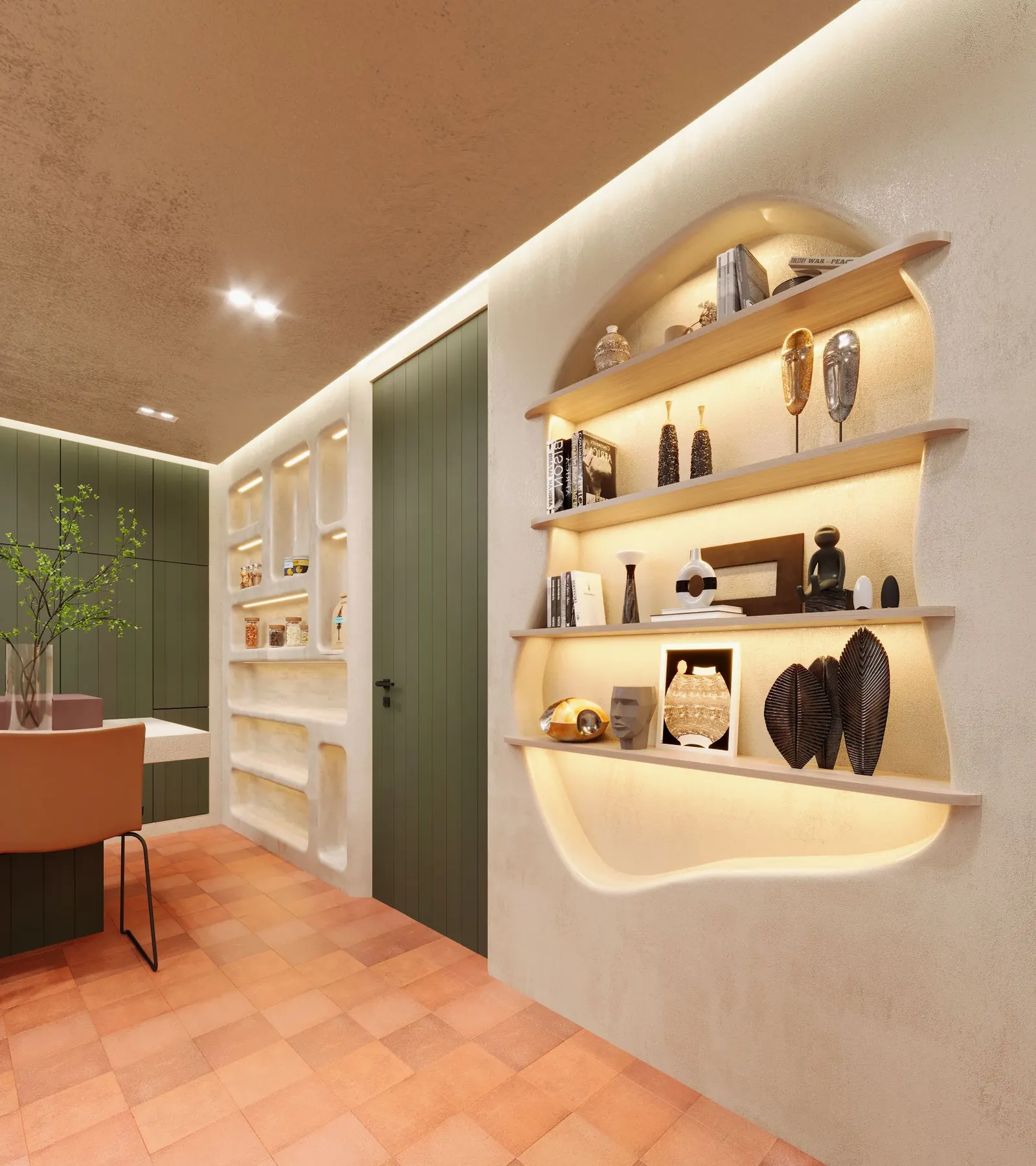 3D render: corridor with an organic-shaped lit plaster display niche, wooden shelves and a sage-green door