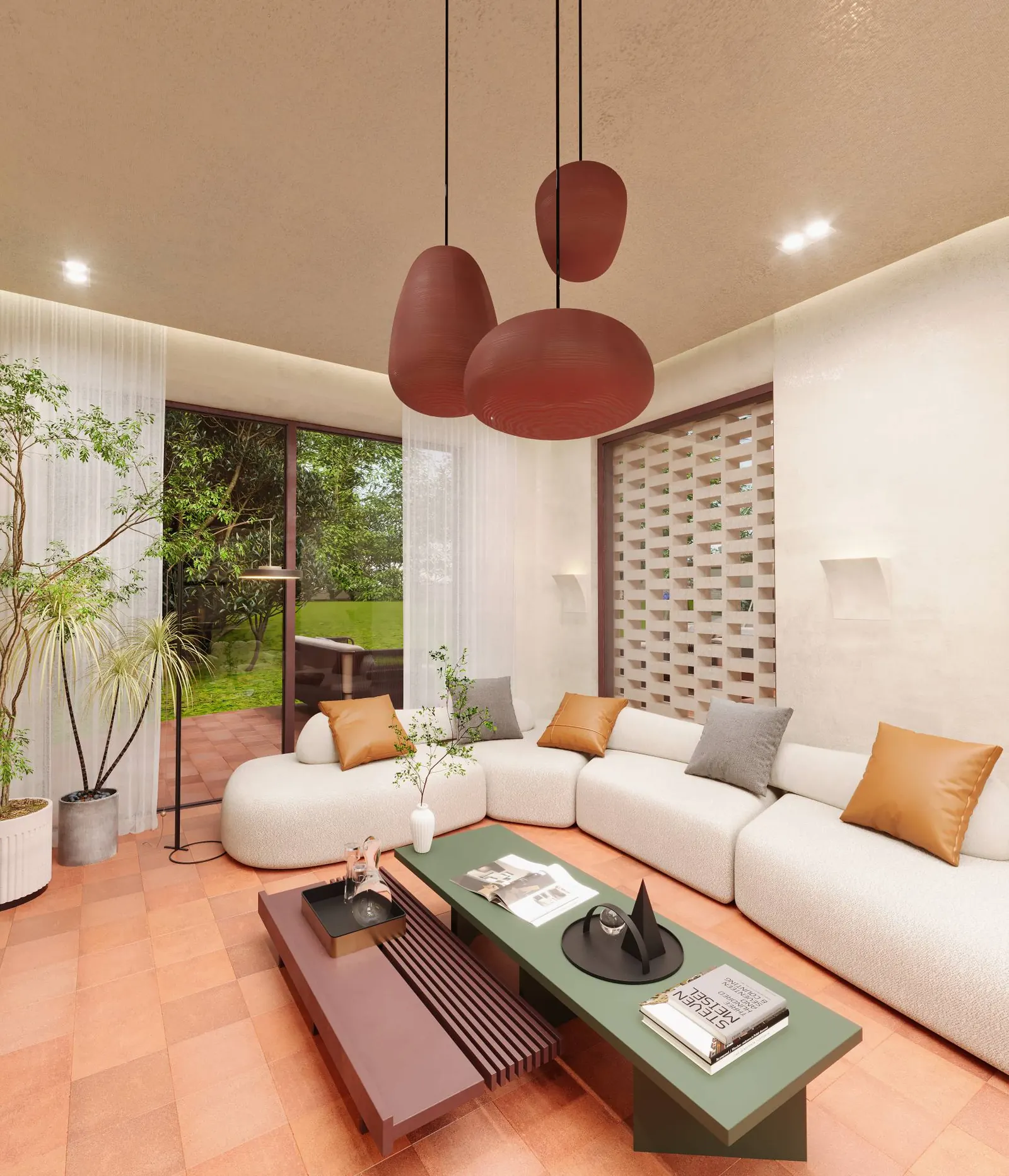 3D render: sitting area with a modular boucle sofa, green and oxblood coffee tables and terracotta pendants