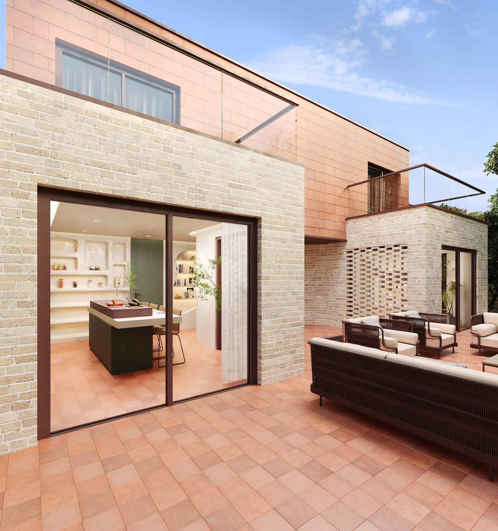 3D render: brick terrace wall with a sliding door into the kitchen and a brick breeze-block screen