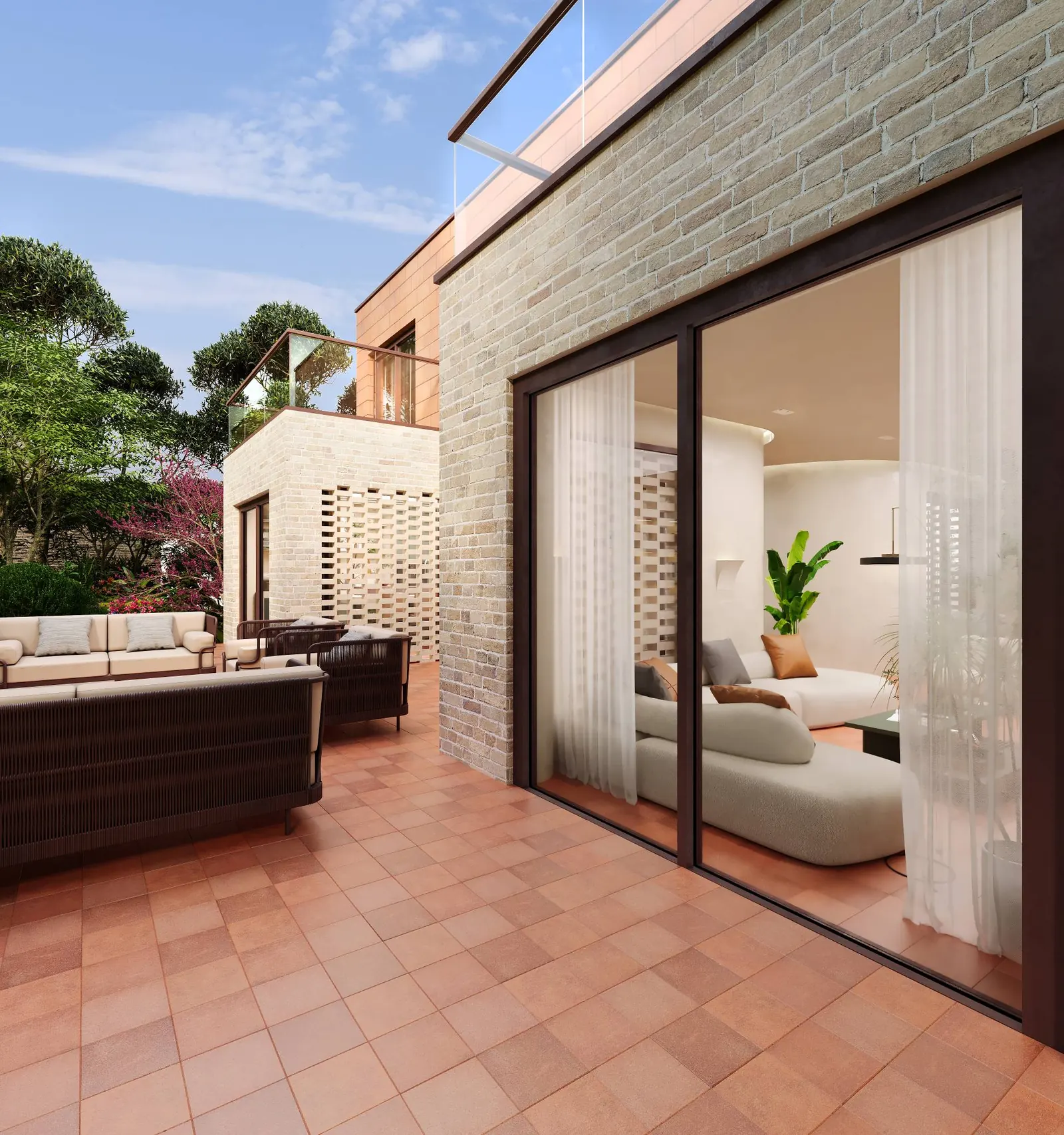 3D render: terrace with woven outdoor sofas and a sliding glass door into the living room