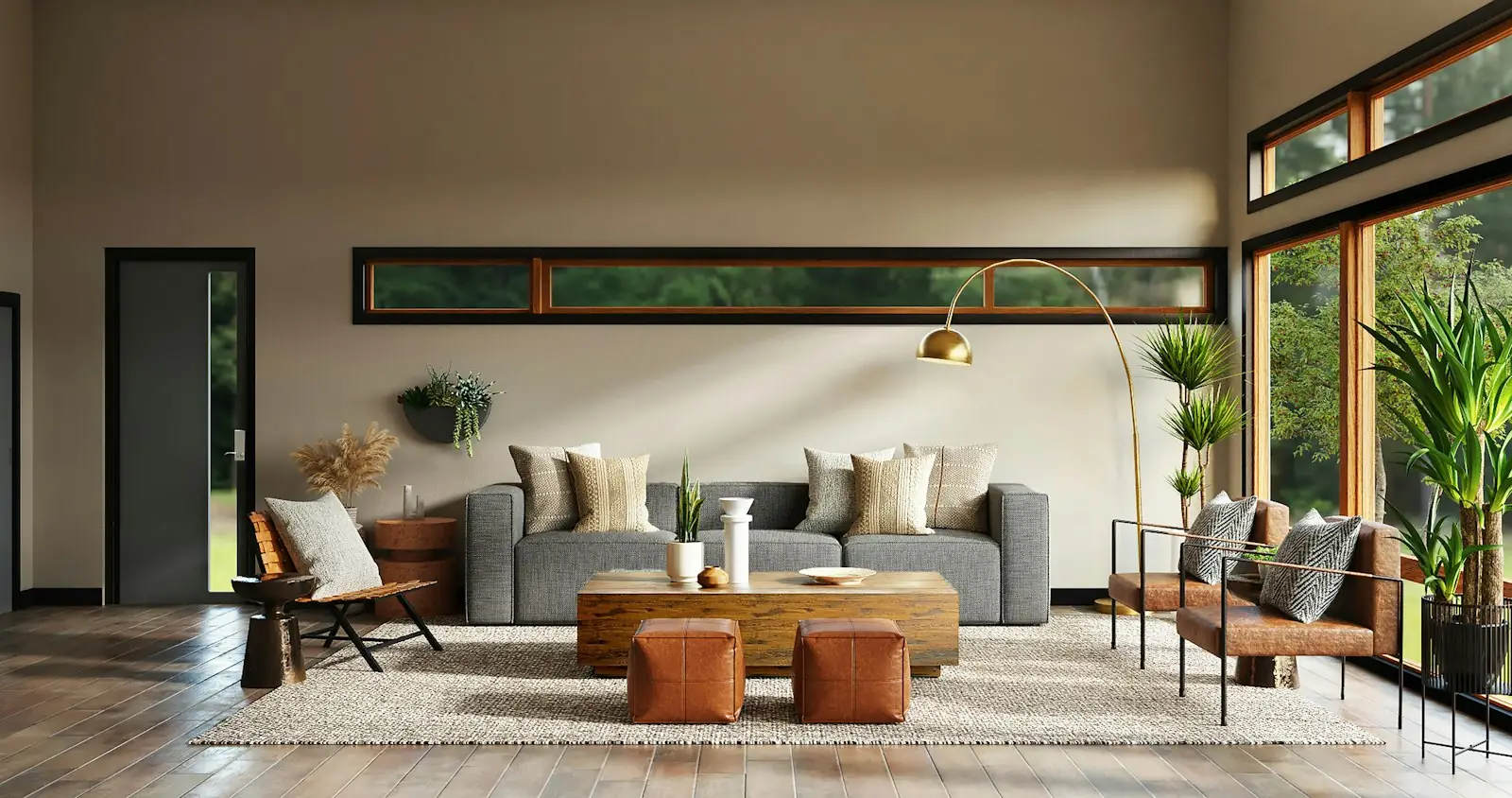 Modern living room with a grey sofa and warm timber details