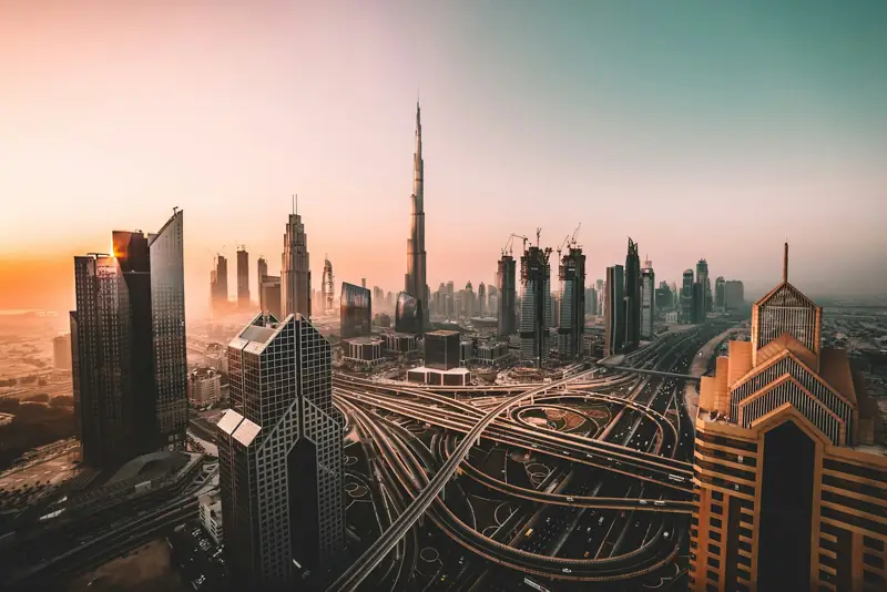 Dubai skyline with the Burj Khalifa at sunset