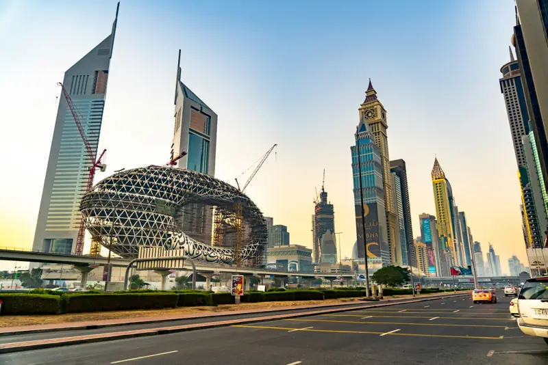 Sheikh Zayed Road in Dubai with the Museum of the Future
