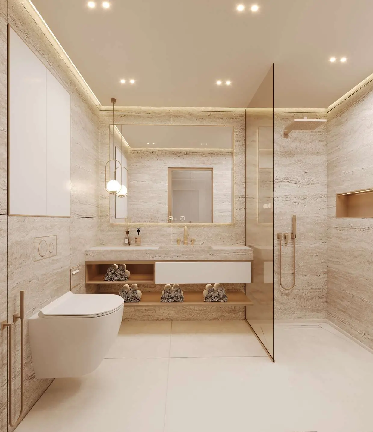 Floating vanity, brass fittings and lit mirror
