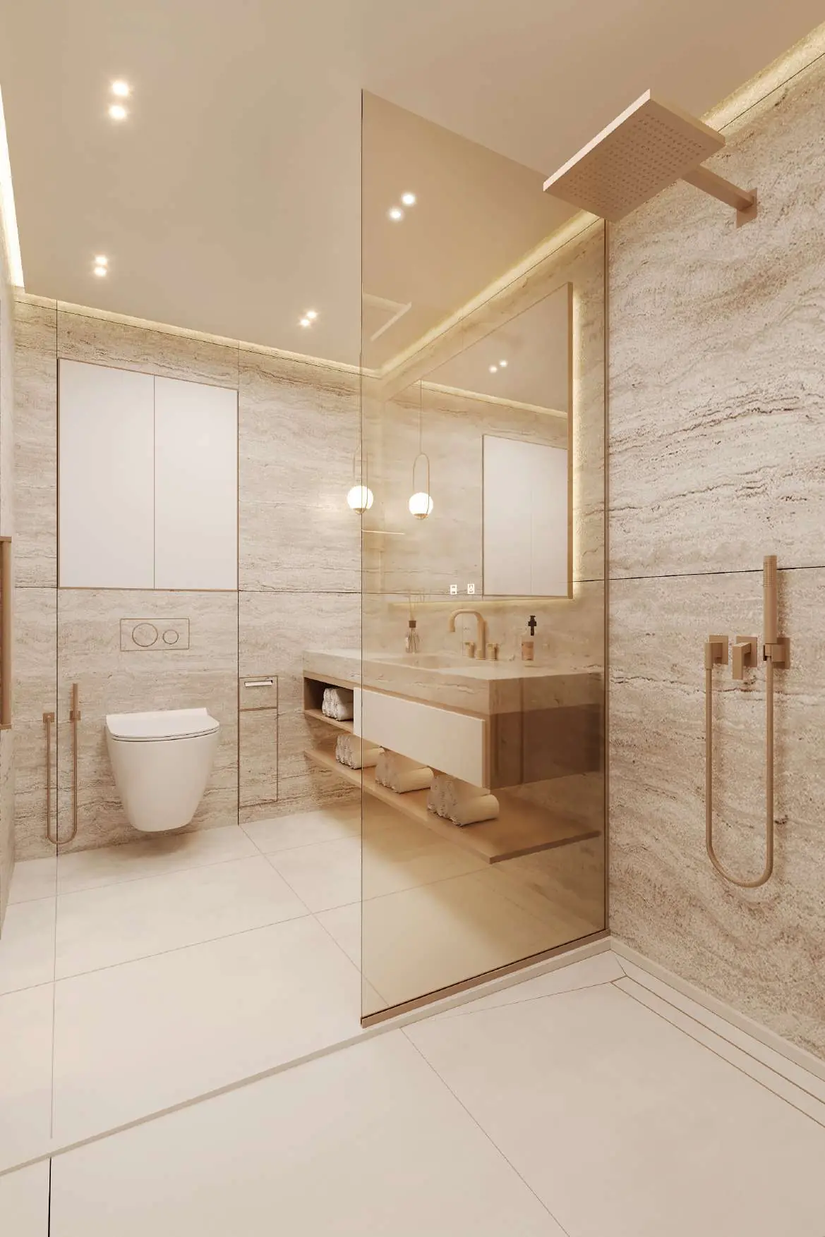 Travertine bathroom with frameless glass shower