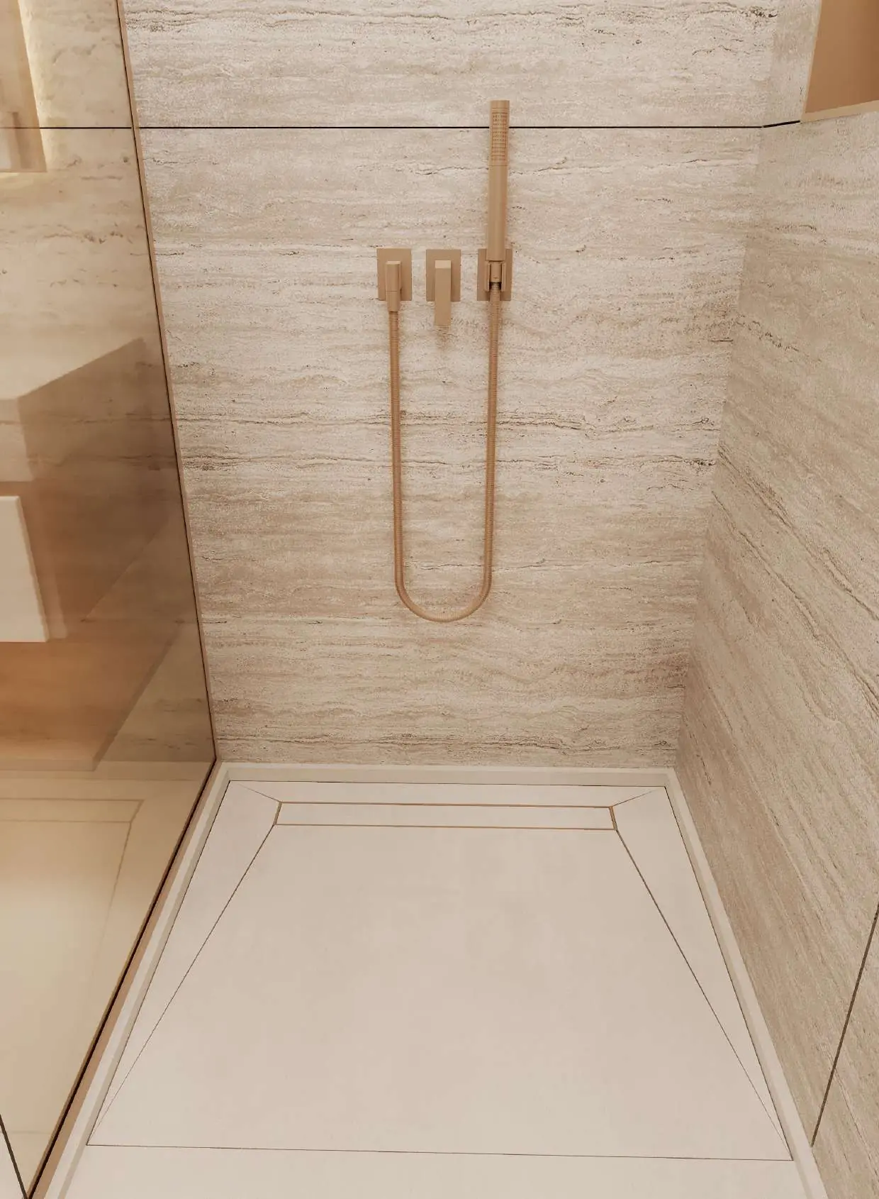 Close-up of the brushed-gold shower set
