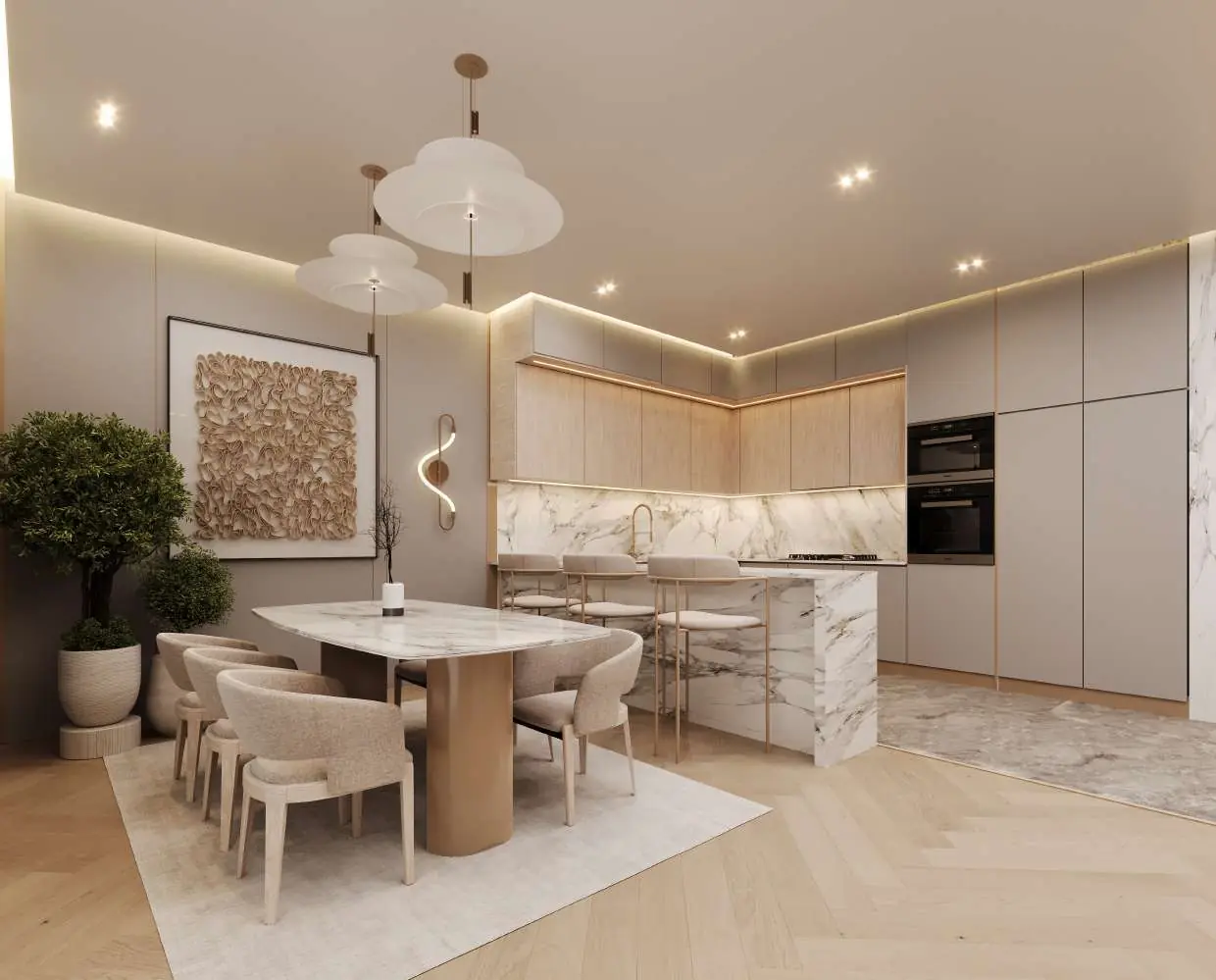Dining area with oval stone table and sculptural pendants