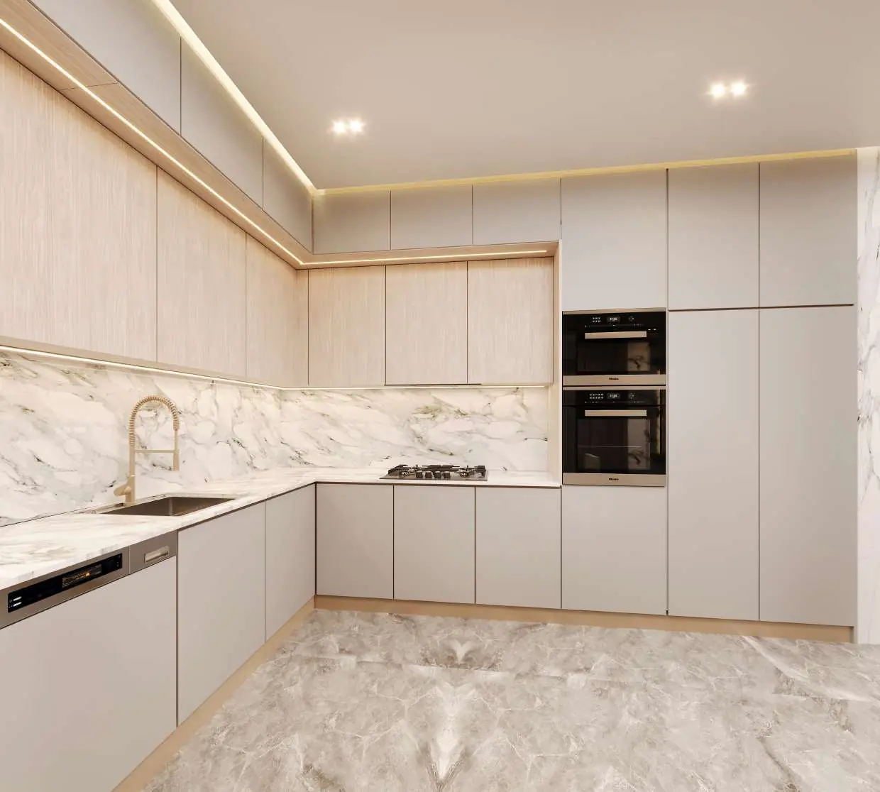 Kitchen with greige and oak handleless cabinets and marble backsplash