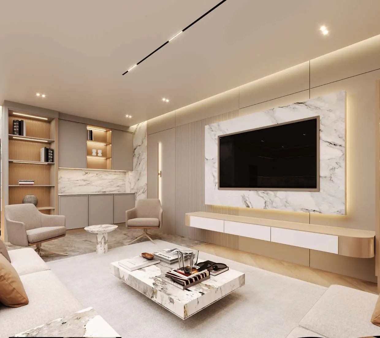 Living room with a marble TV wall and warm cove lighting, 3D design by Misagh