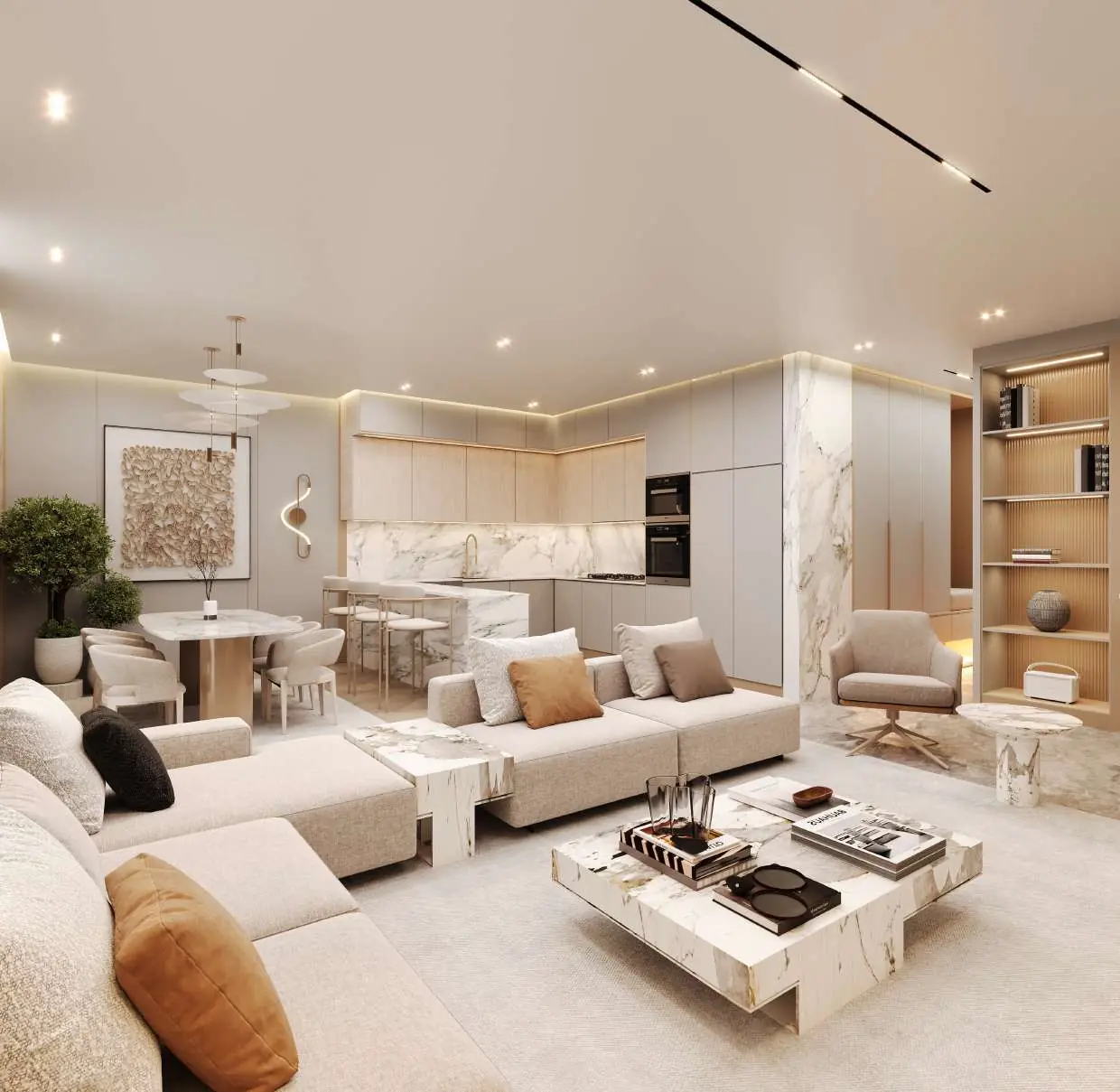 Lounge with boucle sofa and view to the dining area