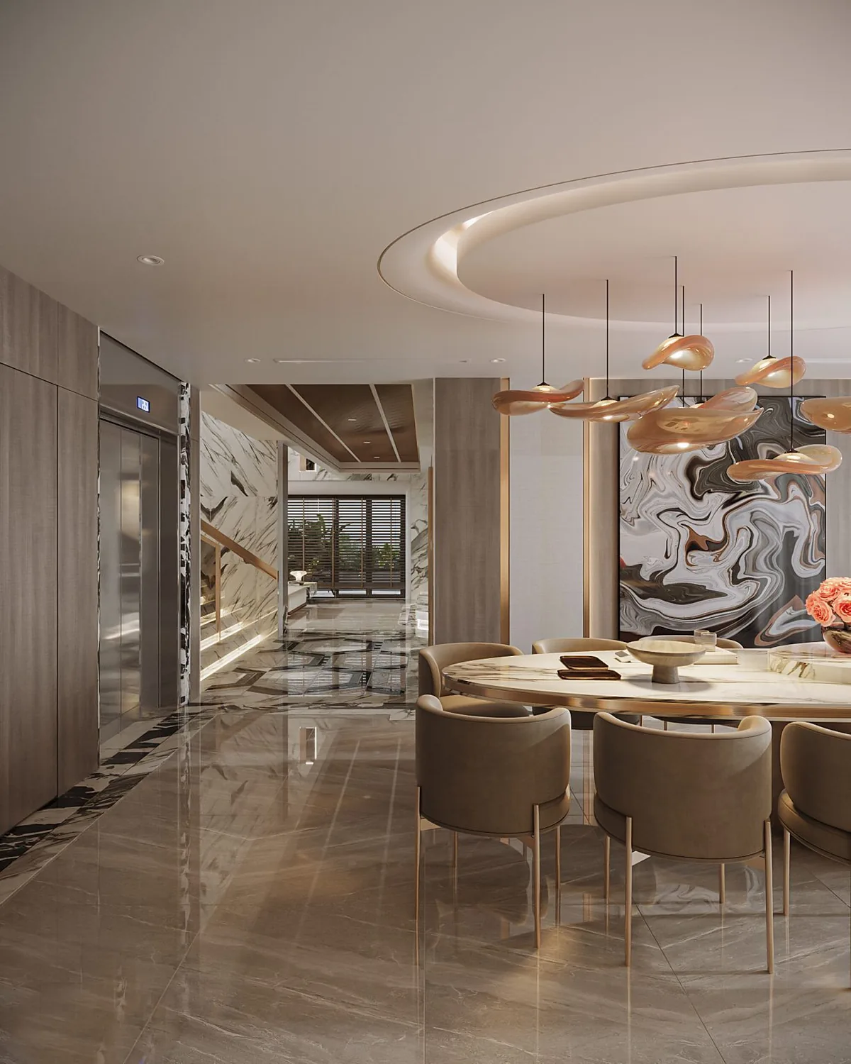 3D render: dining area with a round marble table, velvet chairs and amber glass pendants under a circular cove ceiling