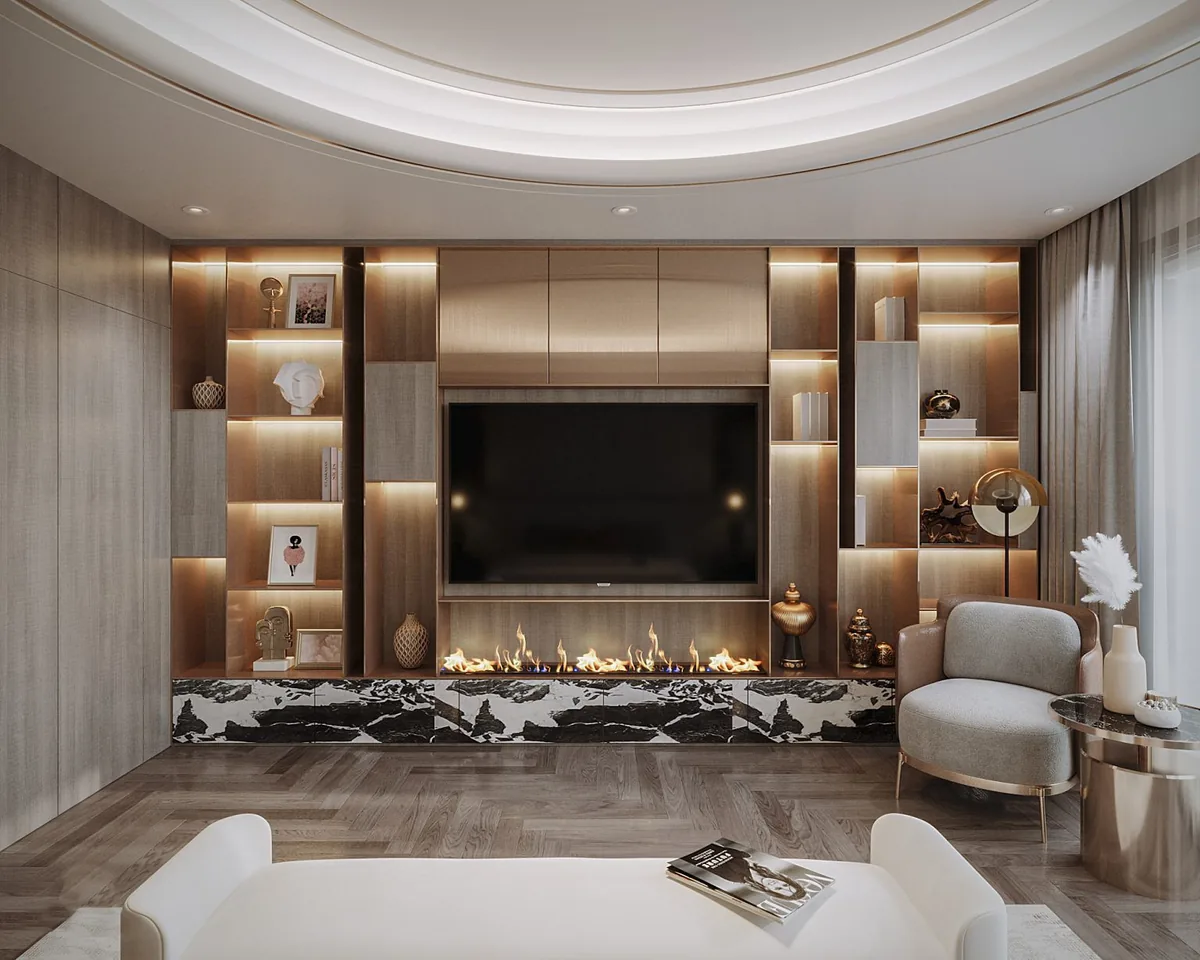 3D render: family room media wall in wood veneer with LED-lit shelves, linear fireplace and herringbone oak floor