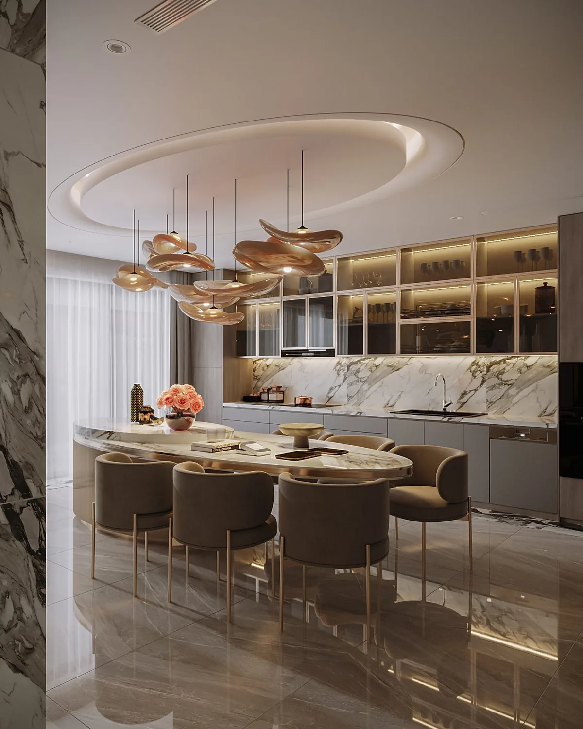 3D render: luxury kitchen with an oval marble island table, glass-front upper cabinets and marble backsplash