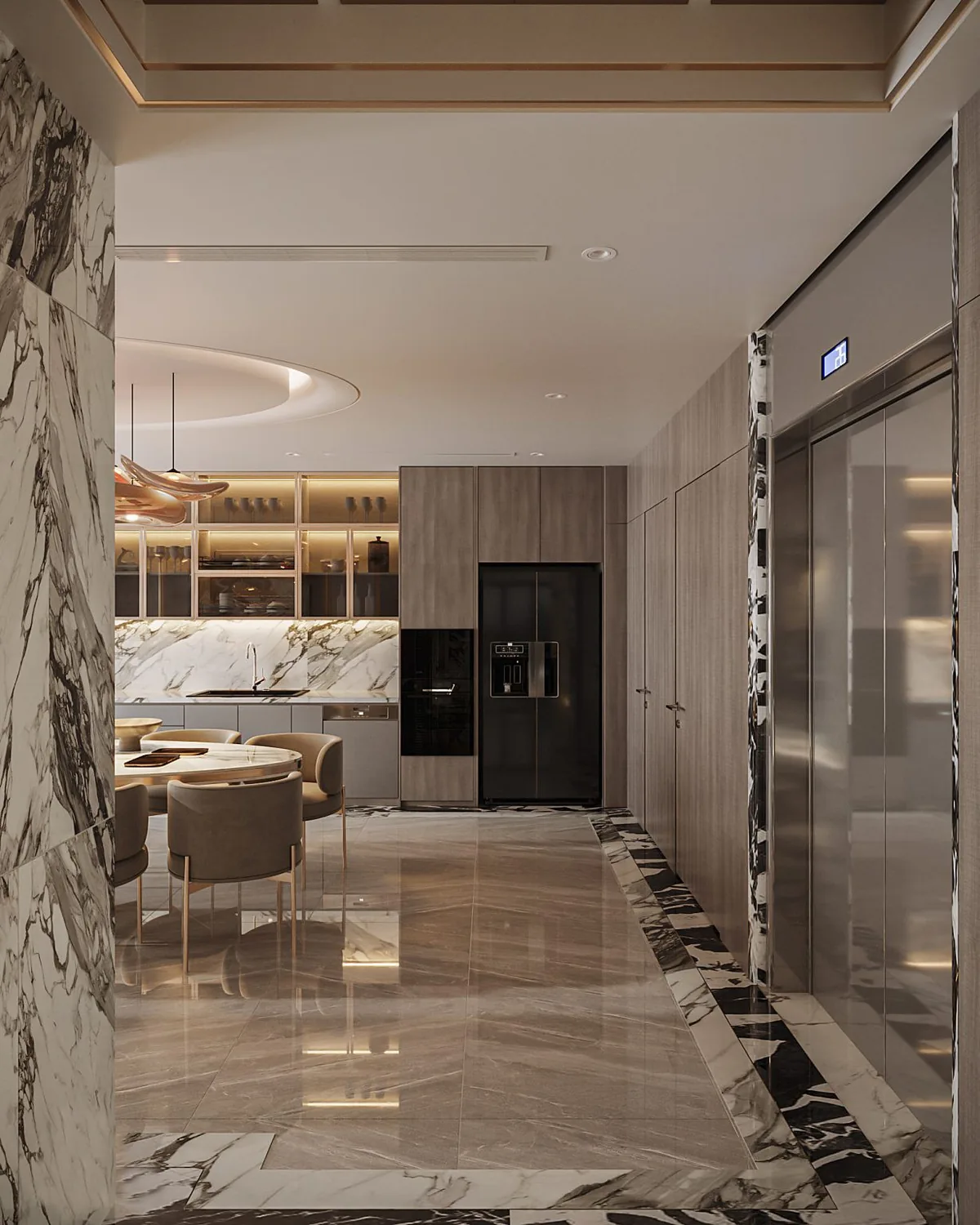 3D render: lift lobby with polished marble floor, black-and-white marble border, wood-panelled walls and a view into the kitchen