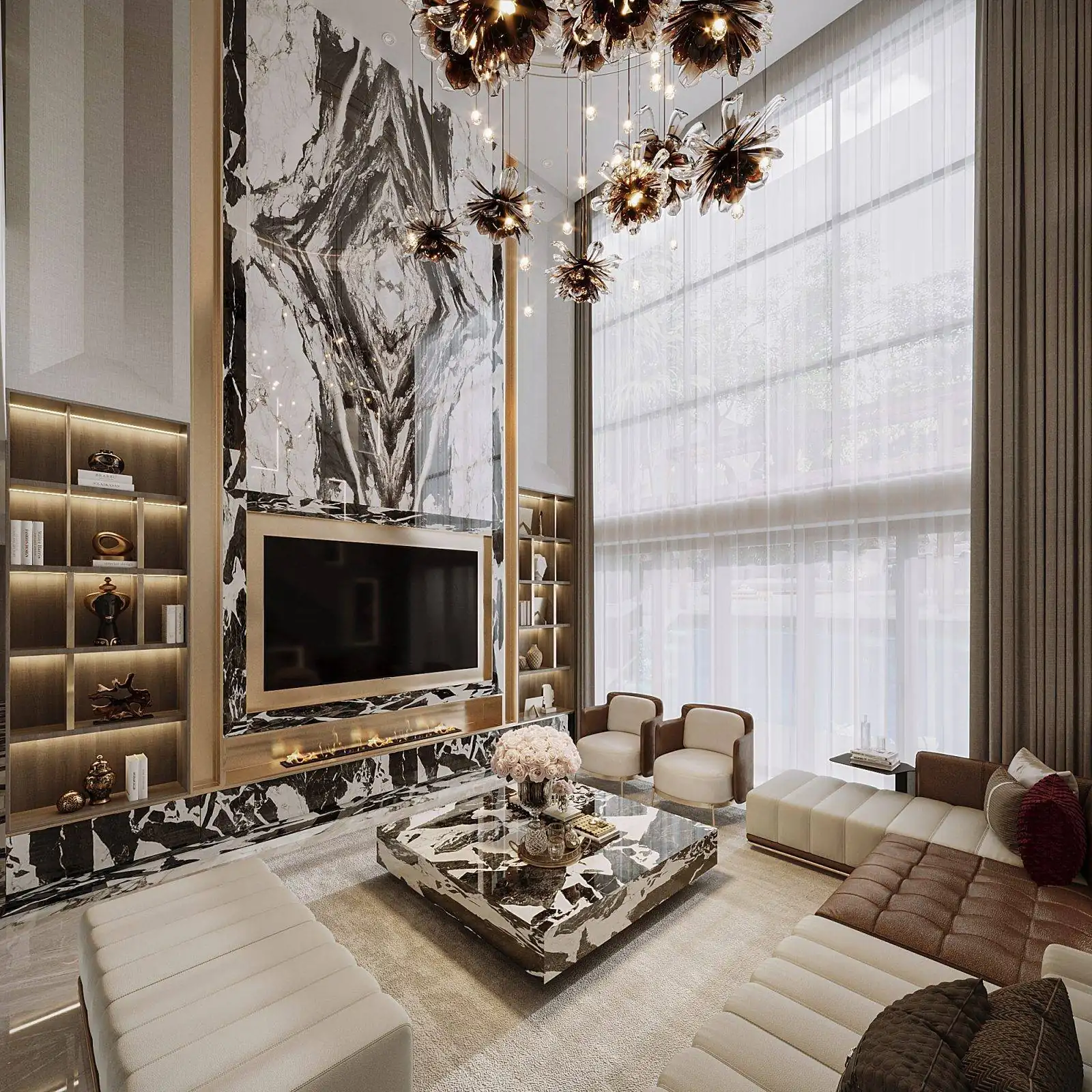 3D render: living room with floor-to-ceiling sheer curtains, marble TV wall, lounge chairs and L-shaped sofa
