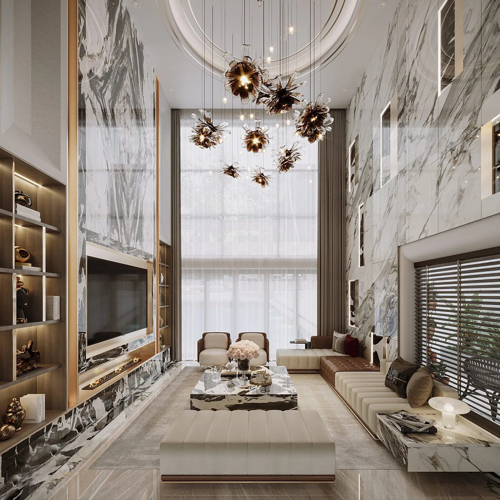 3D render: villa living room facing the double-height window, marble walls with lit niches and flower chandeliers