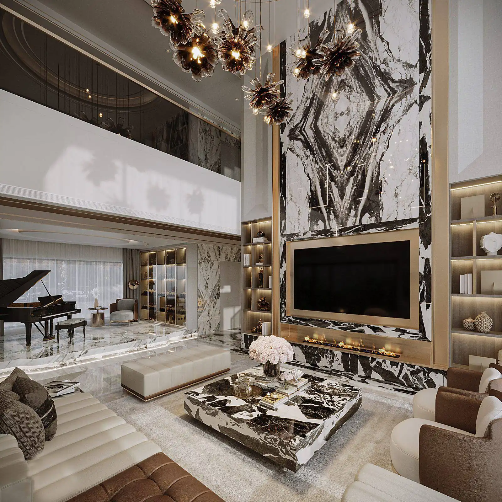 3D render: double-height villa living room with a bookmatched marble TV wall and glass flower chandeliers