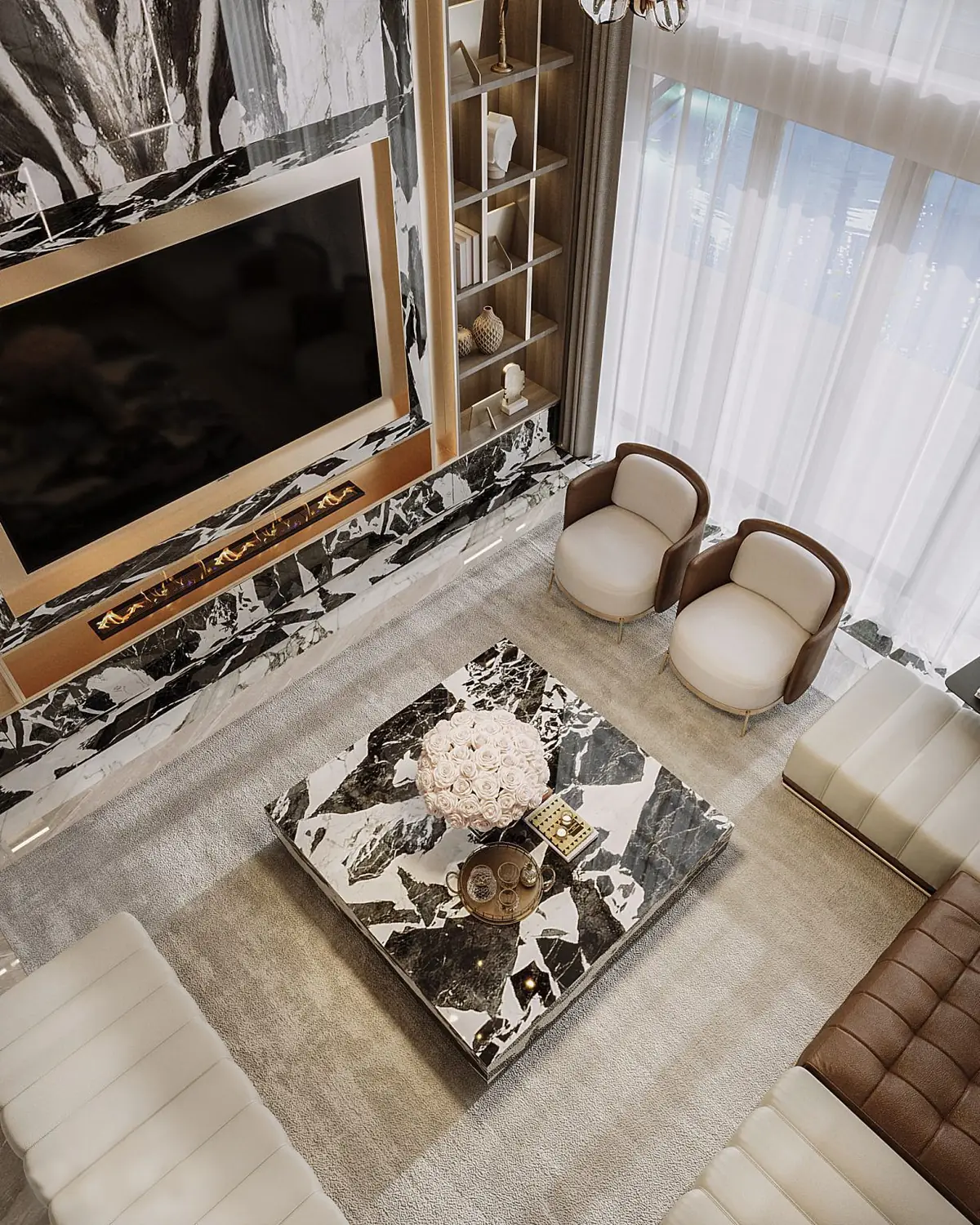 3D render: top-down view of the living room with a marble block coffee table, two leather-backed lounge chairs and lit wood shelving