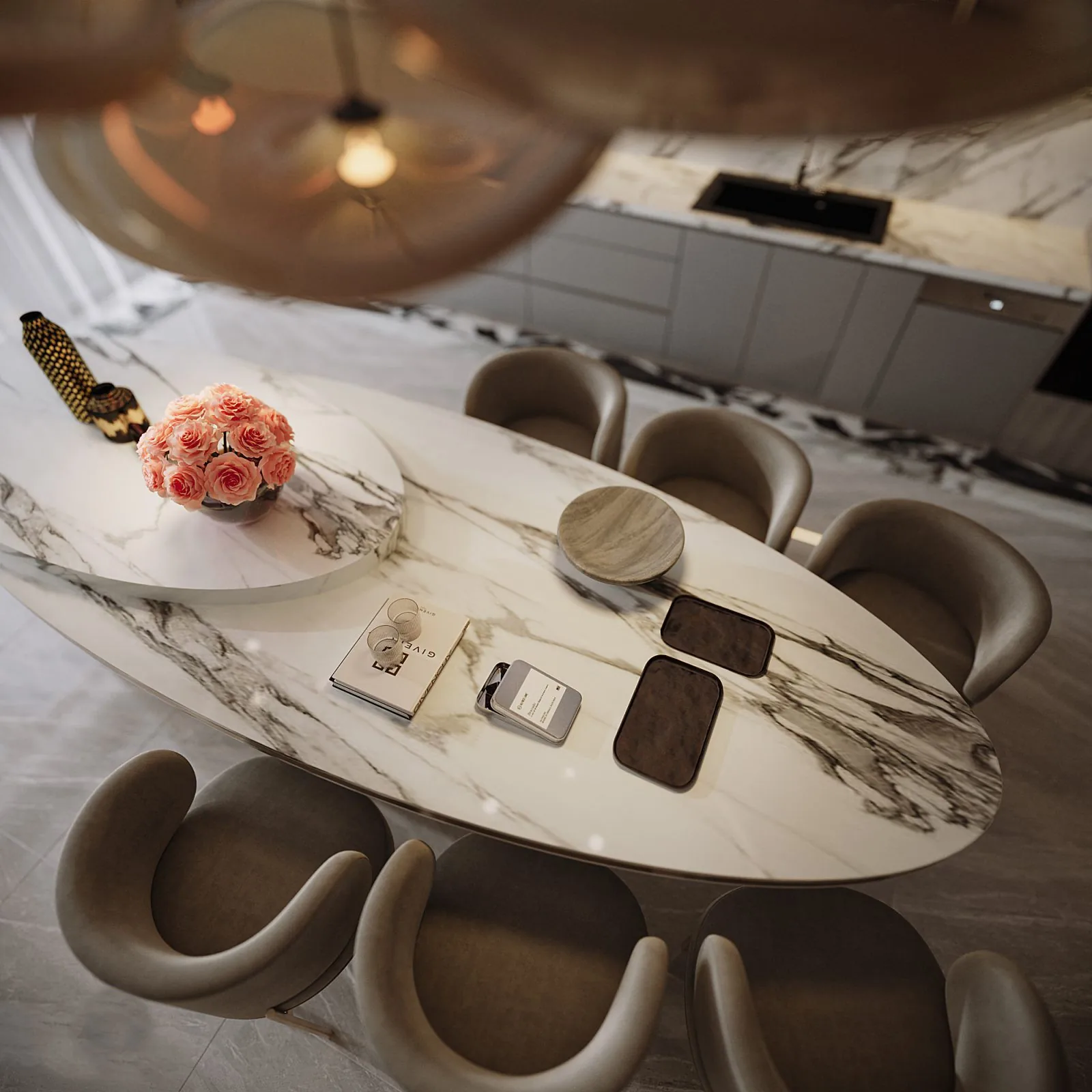 3D render: close-up of the oval marble island dining table with roses and velvet dining chairs