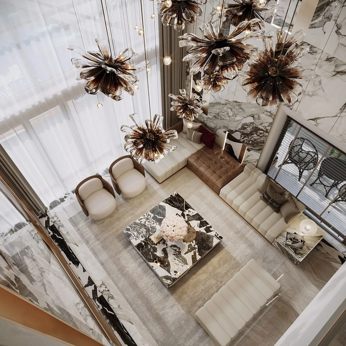 3D render: view from the mezzanine over an L-shaped cream and tan leather sofa, marble coffee table and glass chandeliers