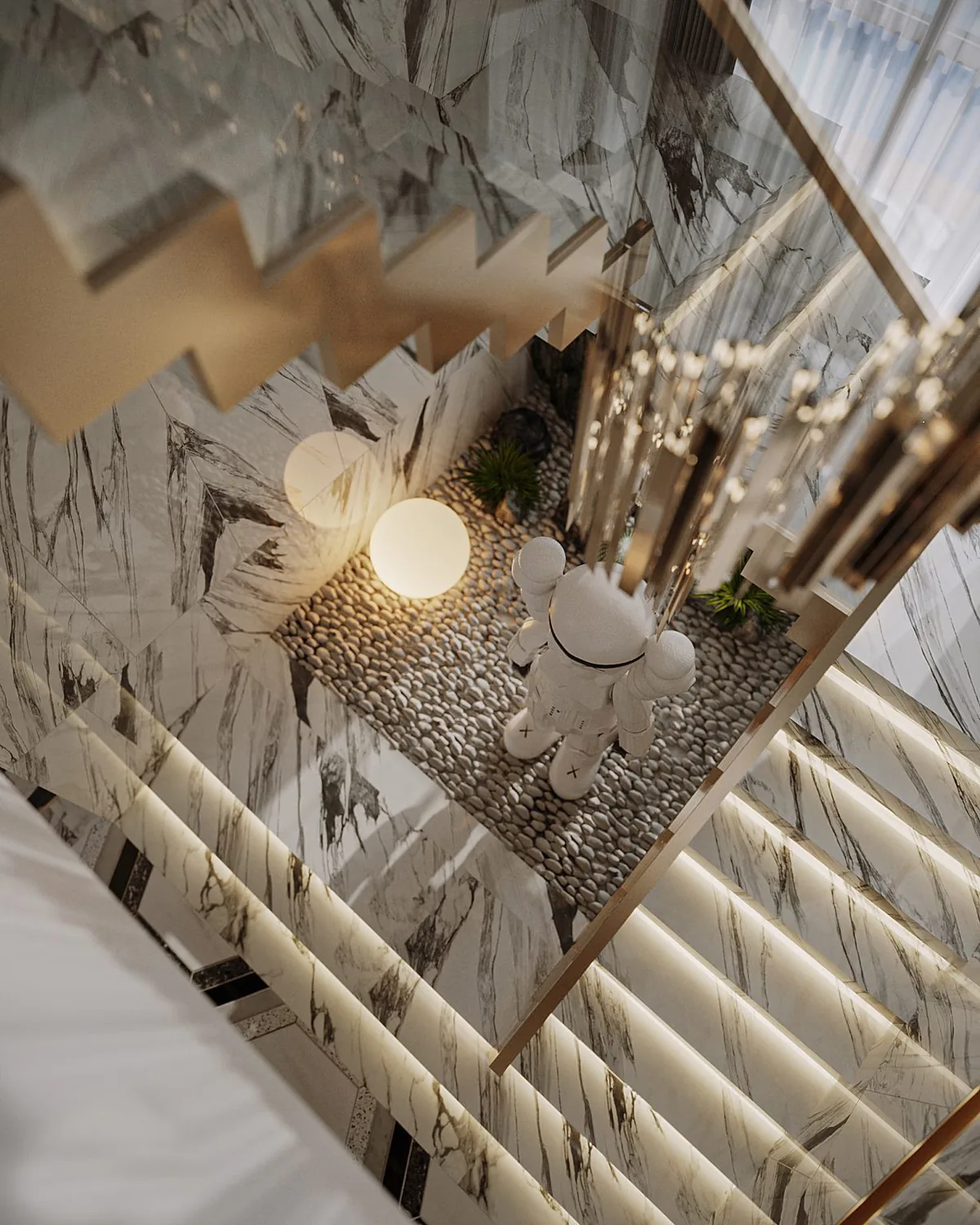 3D render: staircase looking down to a pebble garden with a white figure sculpture, globe lamp and LED-lit marble steps